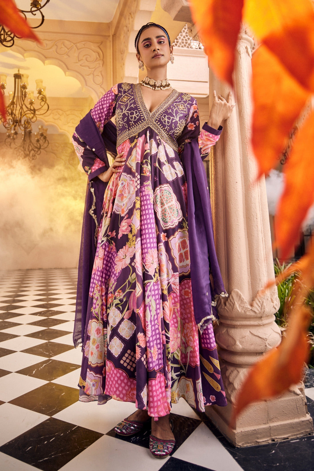 A Purple Multi Print V Neck Anarkali Set
