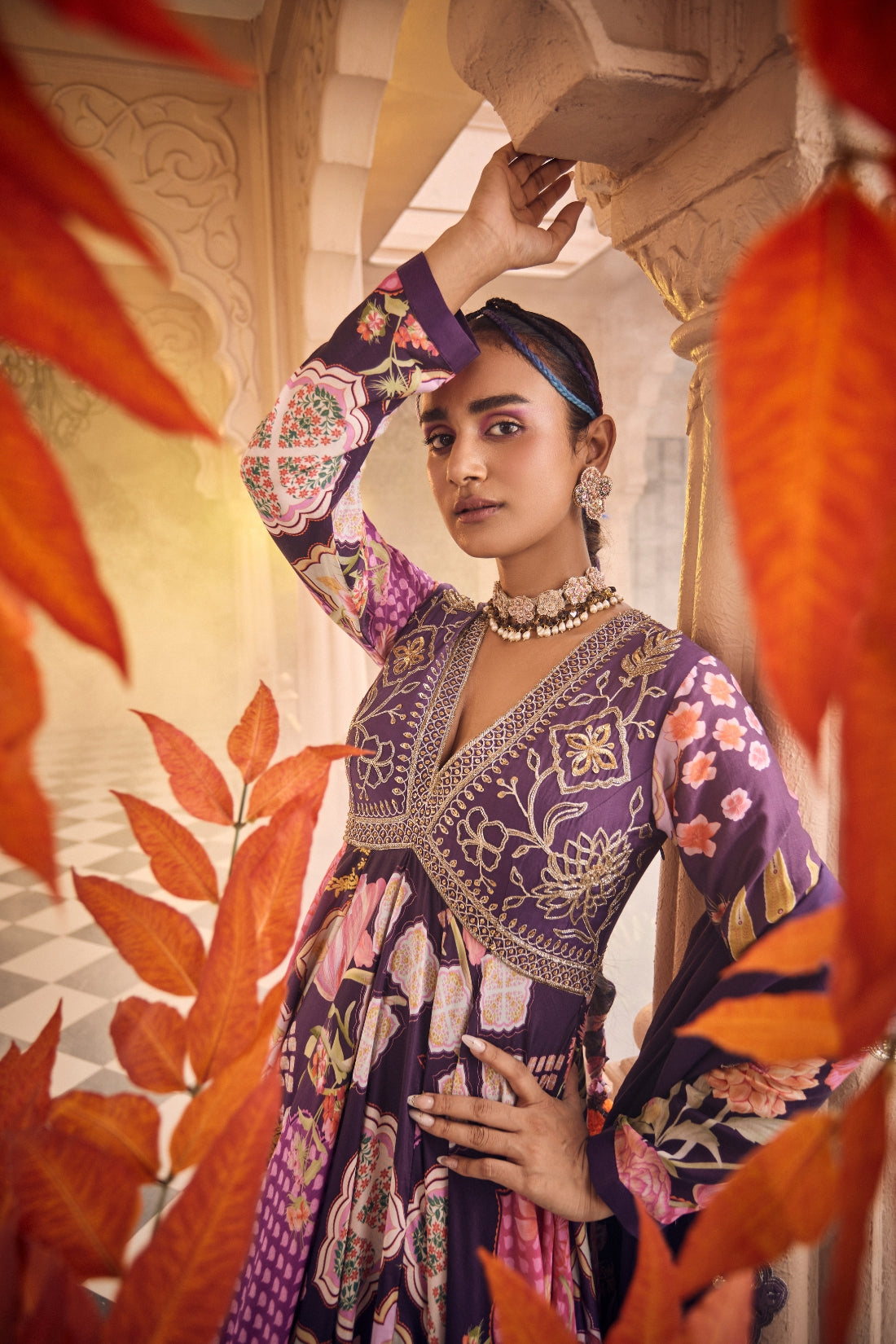 A Purple Multi Print V Neck Anarkali Set