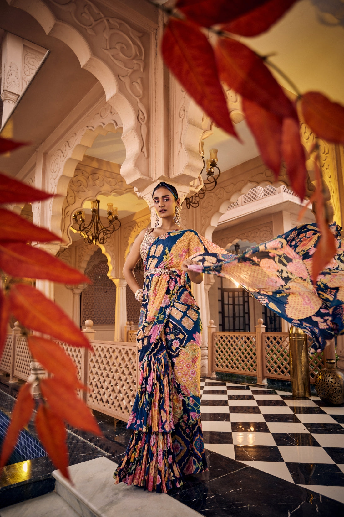 Blue Multi-Print Embroidered Pre-Draped Saree Set