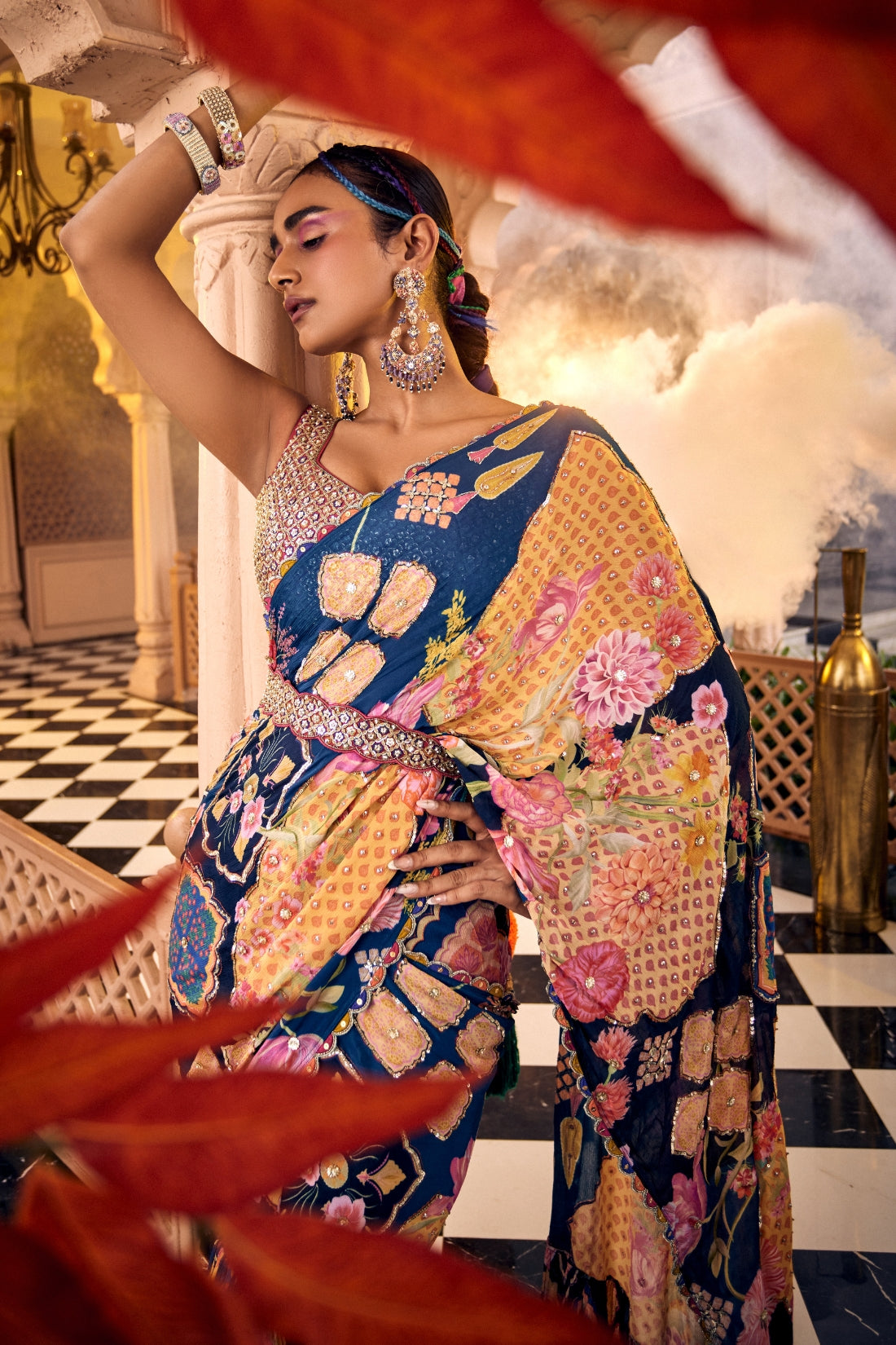 Blue Multi-Print Embroidered Pre-Draped Saree Set