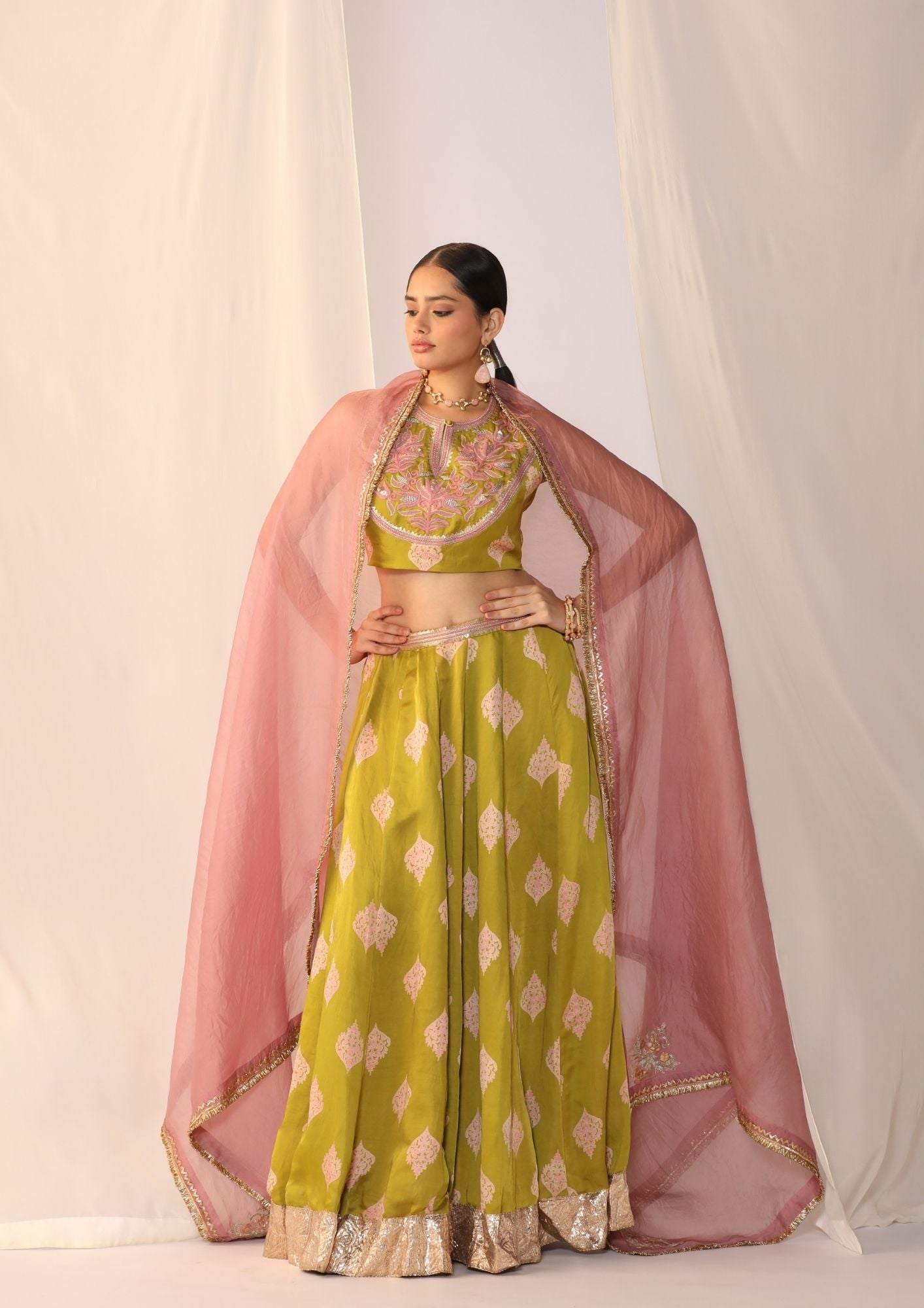 Block Printed Satin Lehenga Choli Paired With Sheer Organza Dupatta