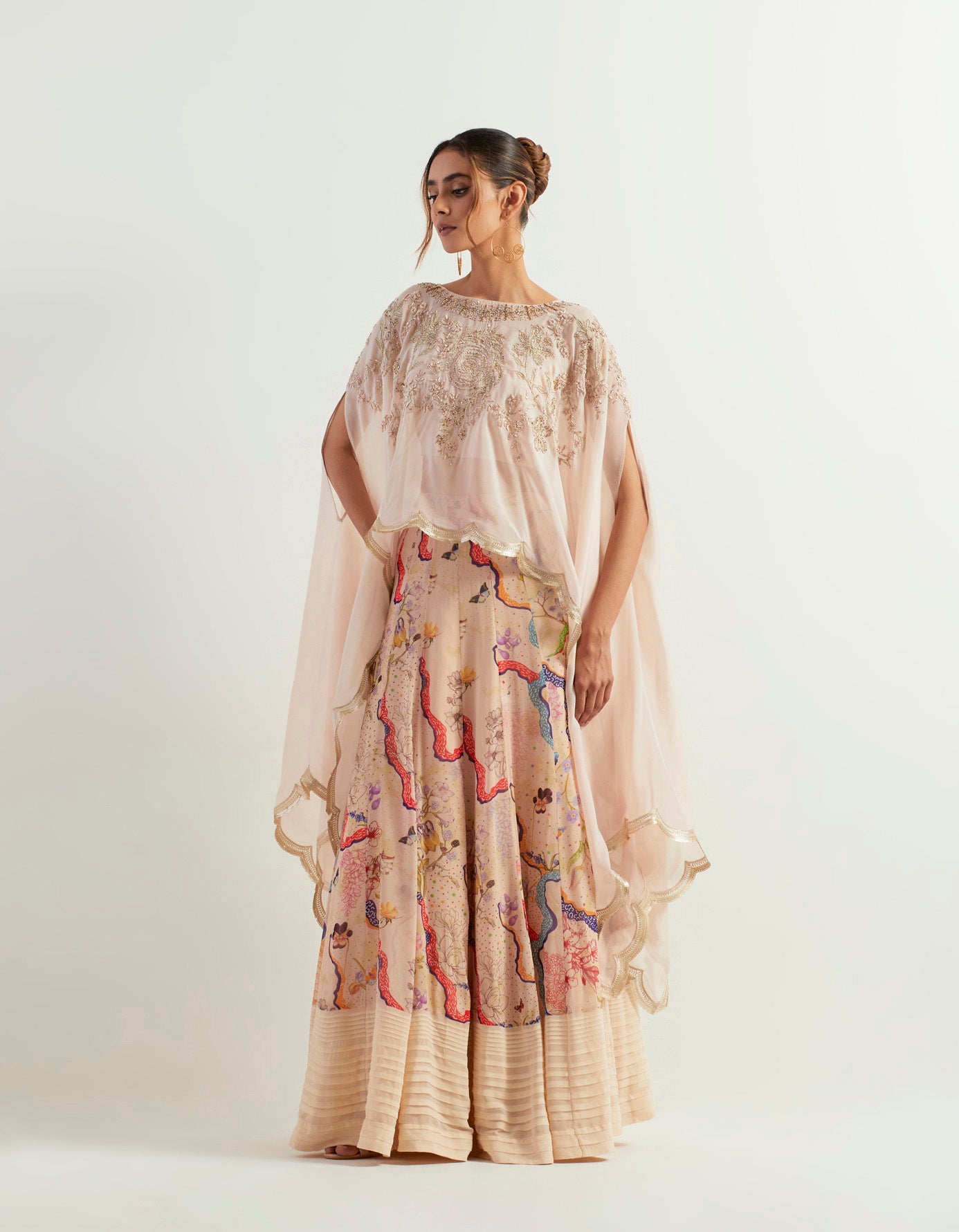 Organza hand embroidered dupatta cape with inner paired with eclectic printed skirt