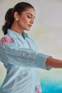 Marine Mirage Sky Blue Thread And Bead Embroidery Asymmetric Shirt Style Tassel Detail Tunic With Pants