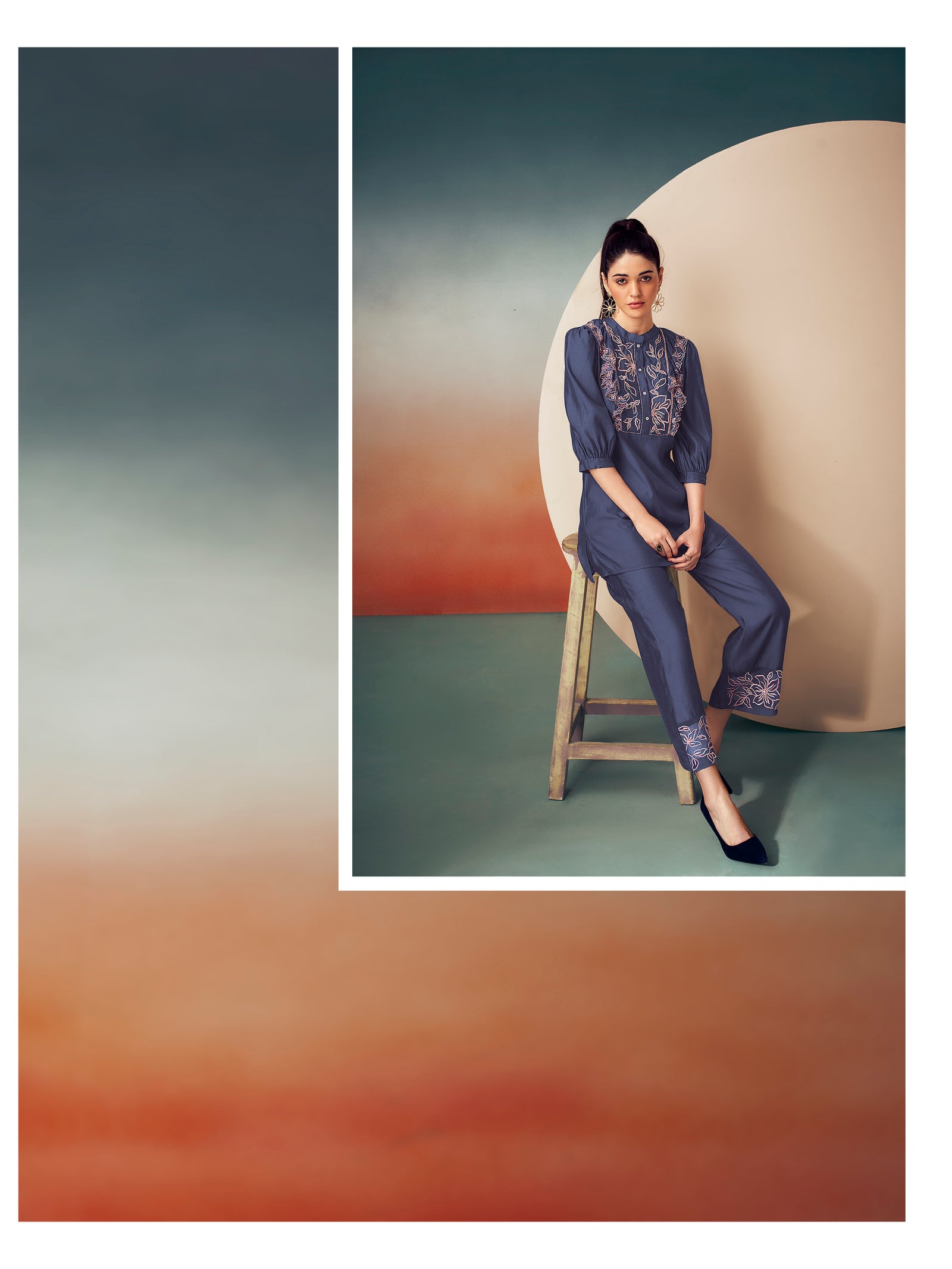 Kiaa Dark Purple Embroidered Thread Work Ruffle Detail Tunic With Pant