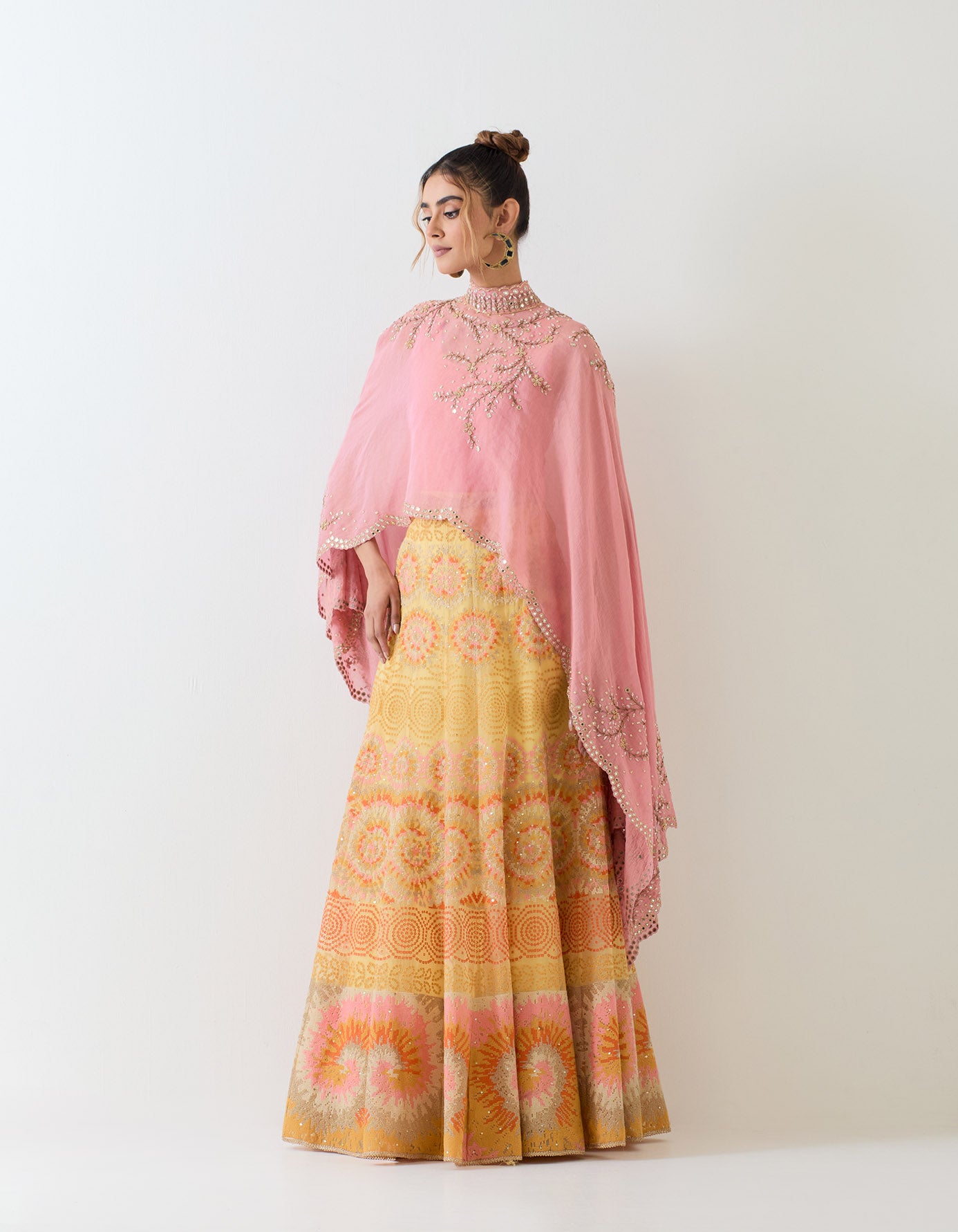 Organza hand embellished cape paired with cross stitch embroidered organza skirt