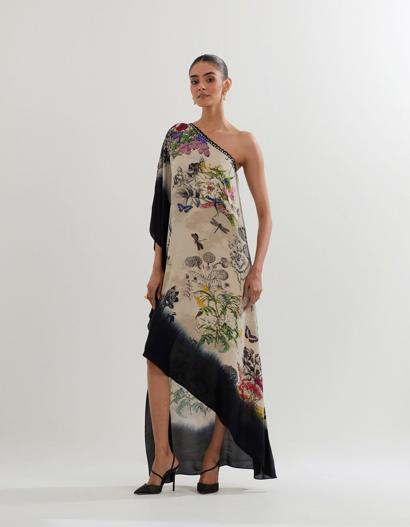 Botanical printed asymetric one shoulder dress