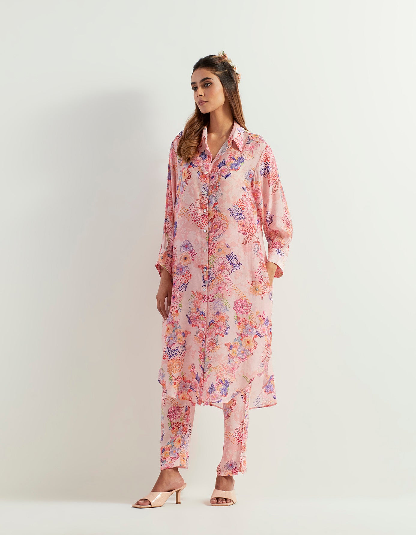 Printed long shirt tunic with heavy georgette pants