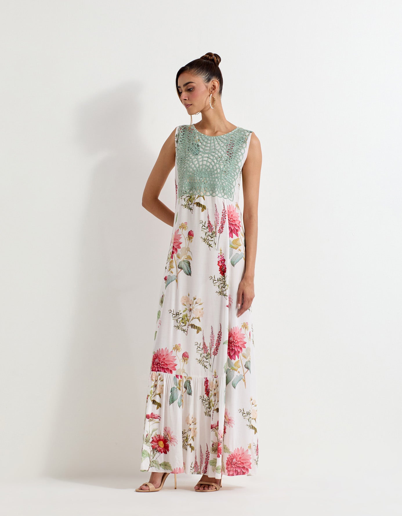 Daisy printed floor length dress with lattice work