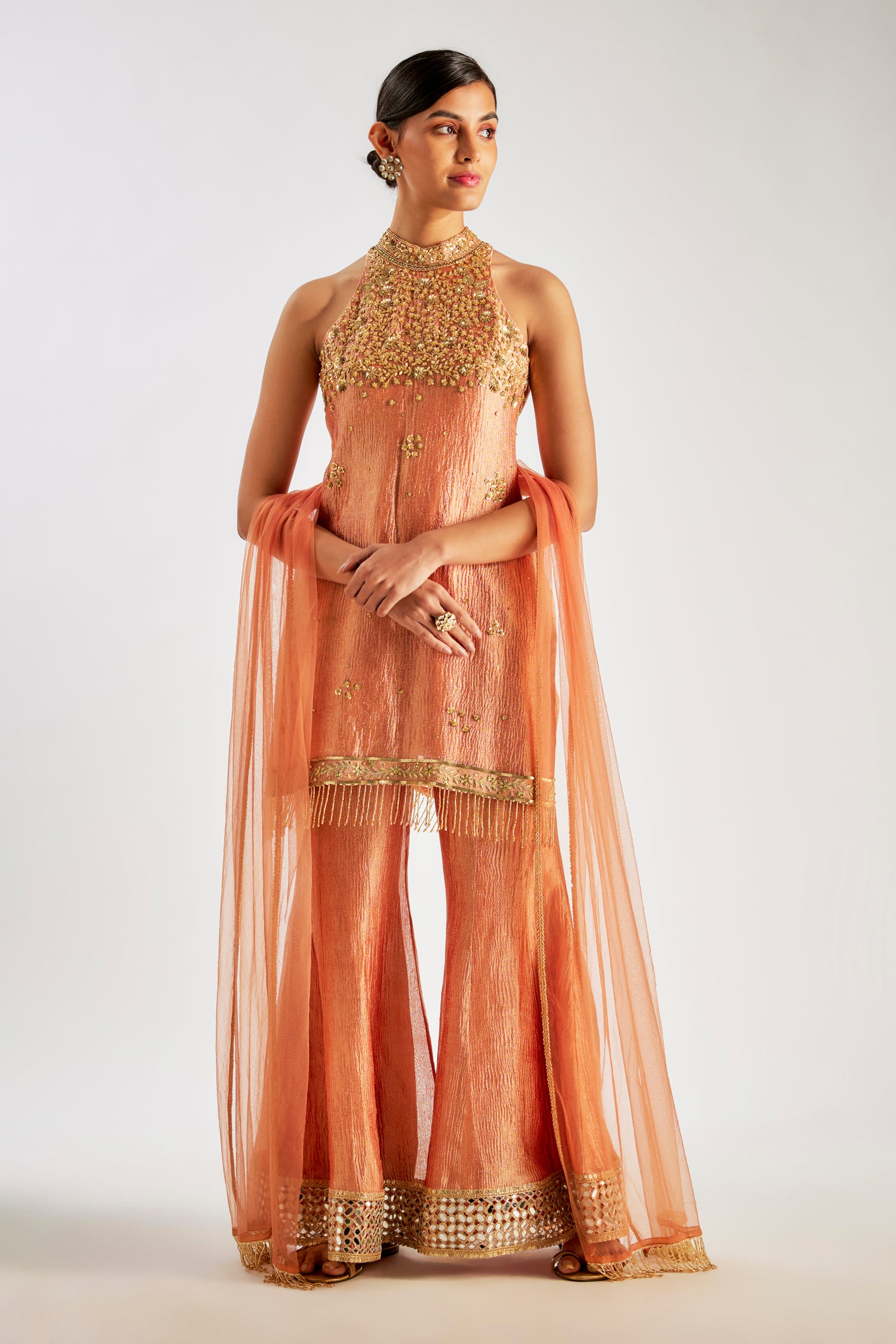 Rust Orange Crushed Tissue Silk Sharara Set