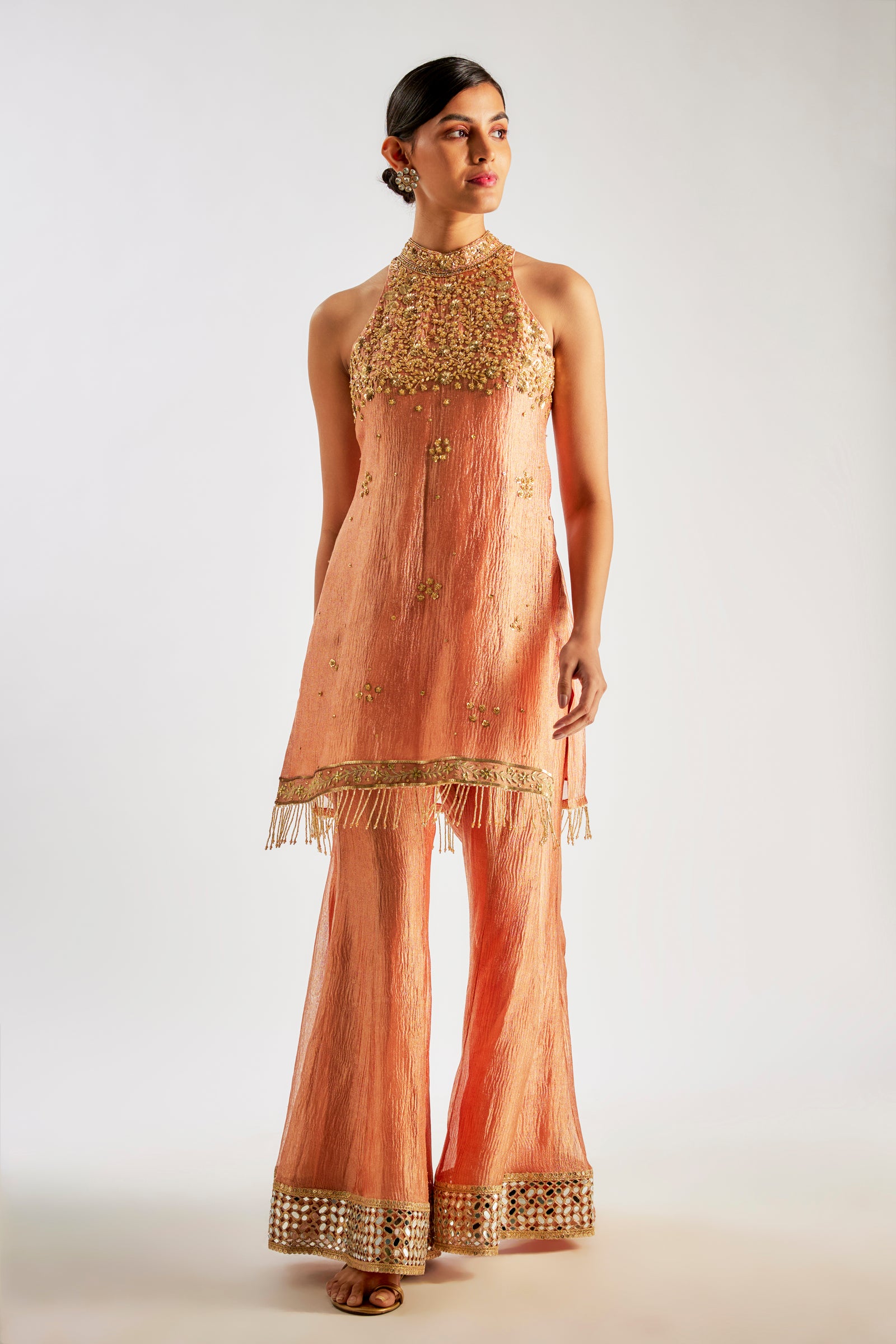 Rust Orange Crushed Tissue Silk Sharara Set