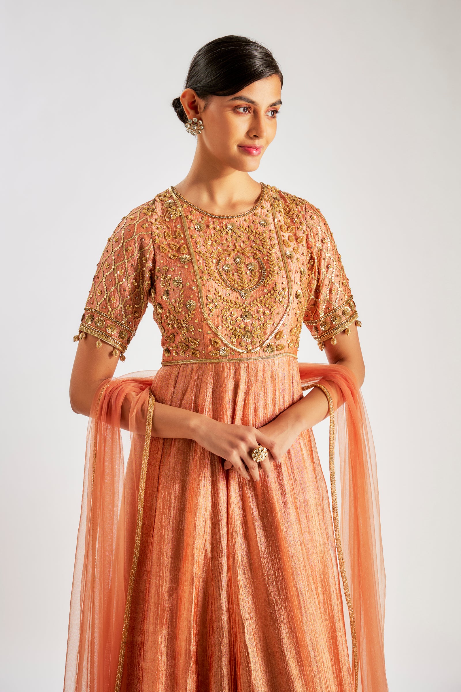 Rust Orange Crushed Tissue Anarkali Features Intricate