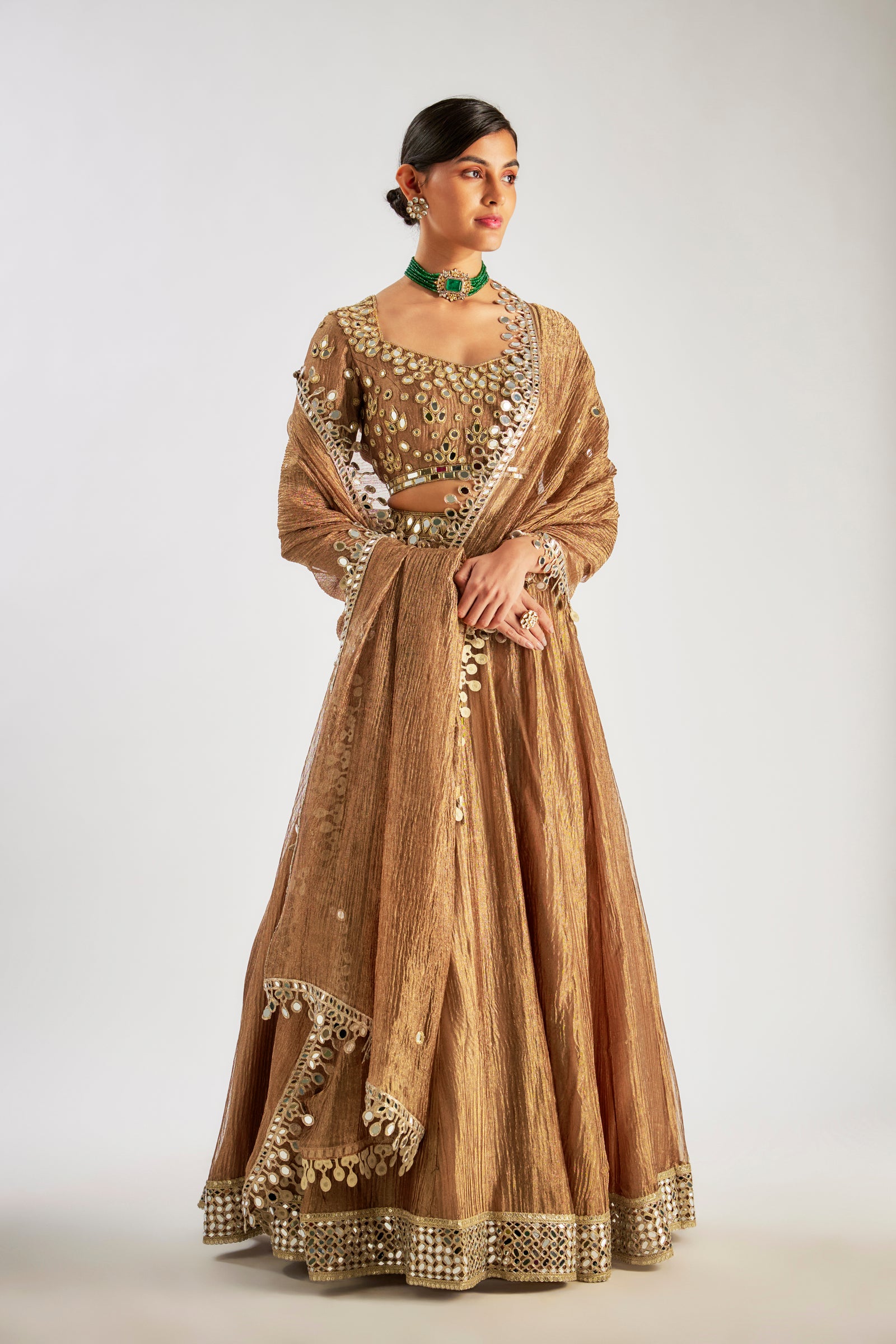 Gold Lehenga In Crushed Silk Tissue Base With Hand Embroidery