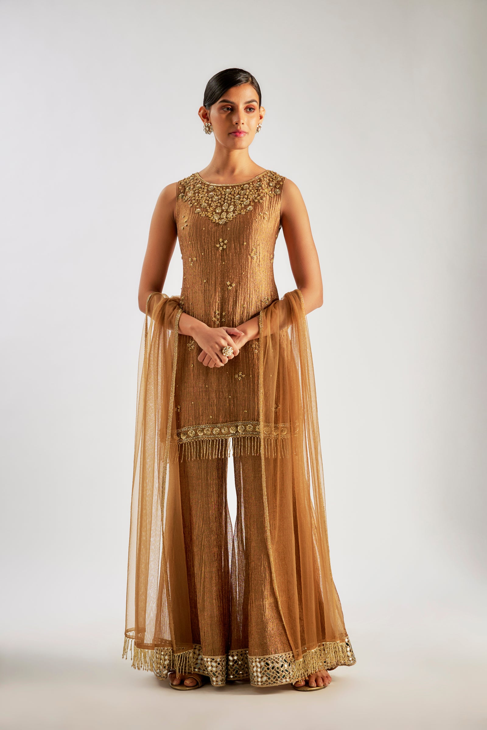 Gold Short Kurta In Crushed Silk Tissue Base With Glass Beads And Sequins Hand Embroidery