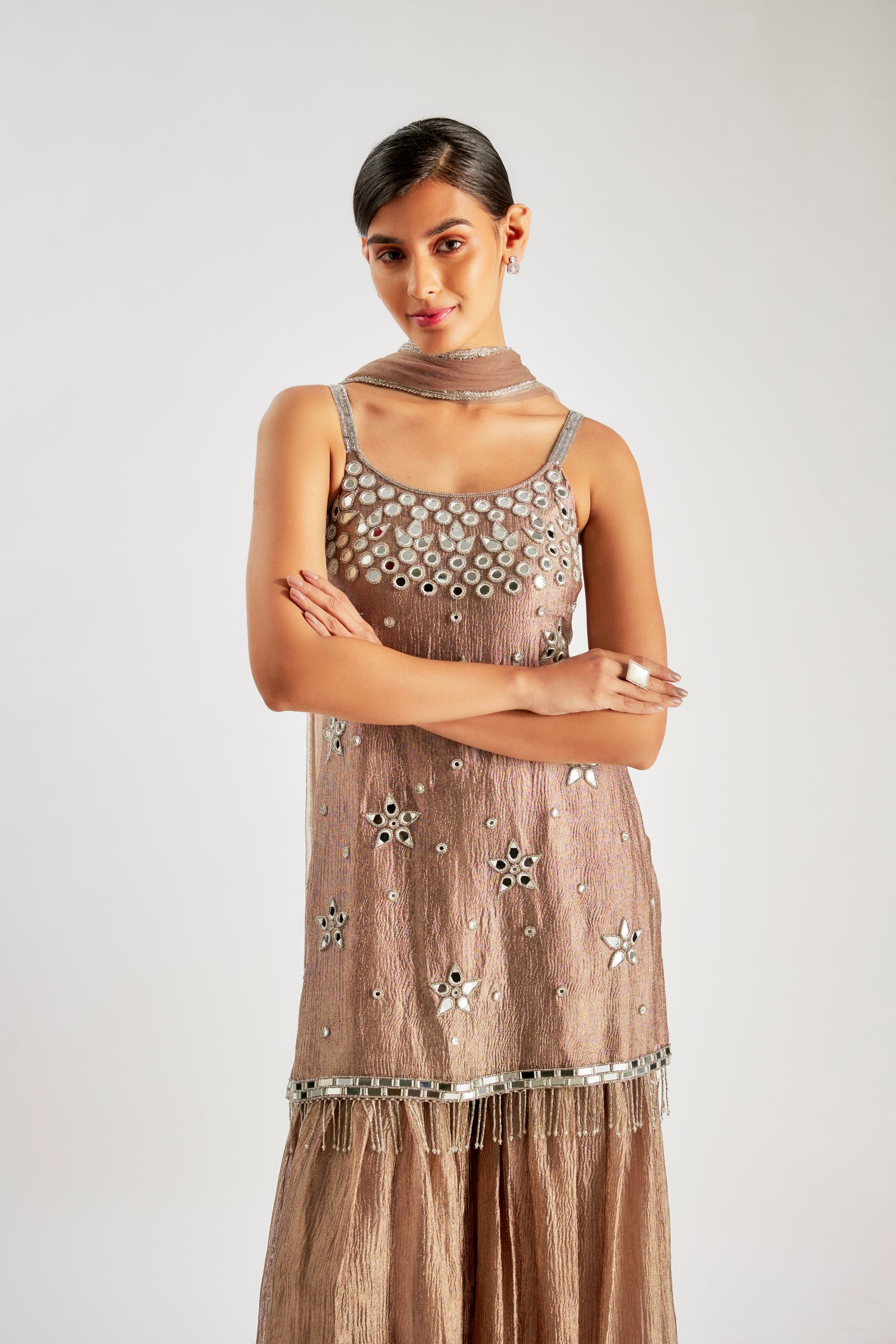 Bronze Short Kurta In Crushed Silk Tissue Base With Glass Beads And Sequins Hand Embroidery