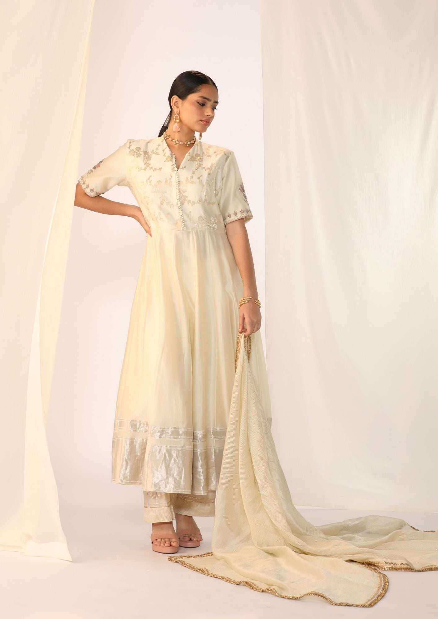 Embroidered Silk Pearl White Kurta Paired With Pants &  Delicate Organza Dupatta