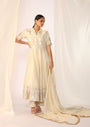 Embroidered Silk Pearl White Kurta Paired With Pants &  Delicate Organza Dupatta