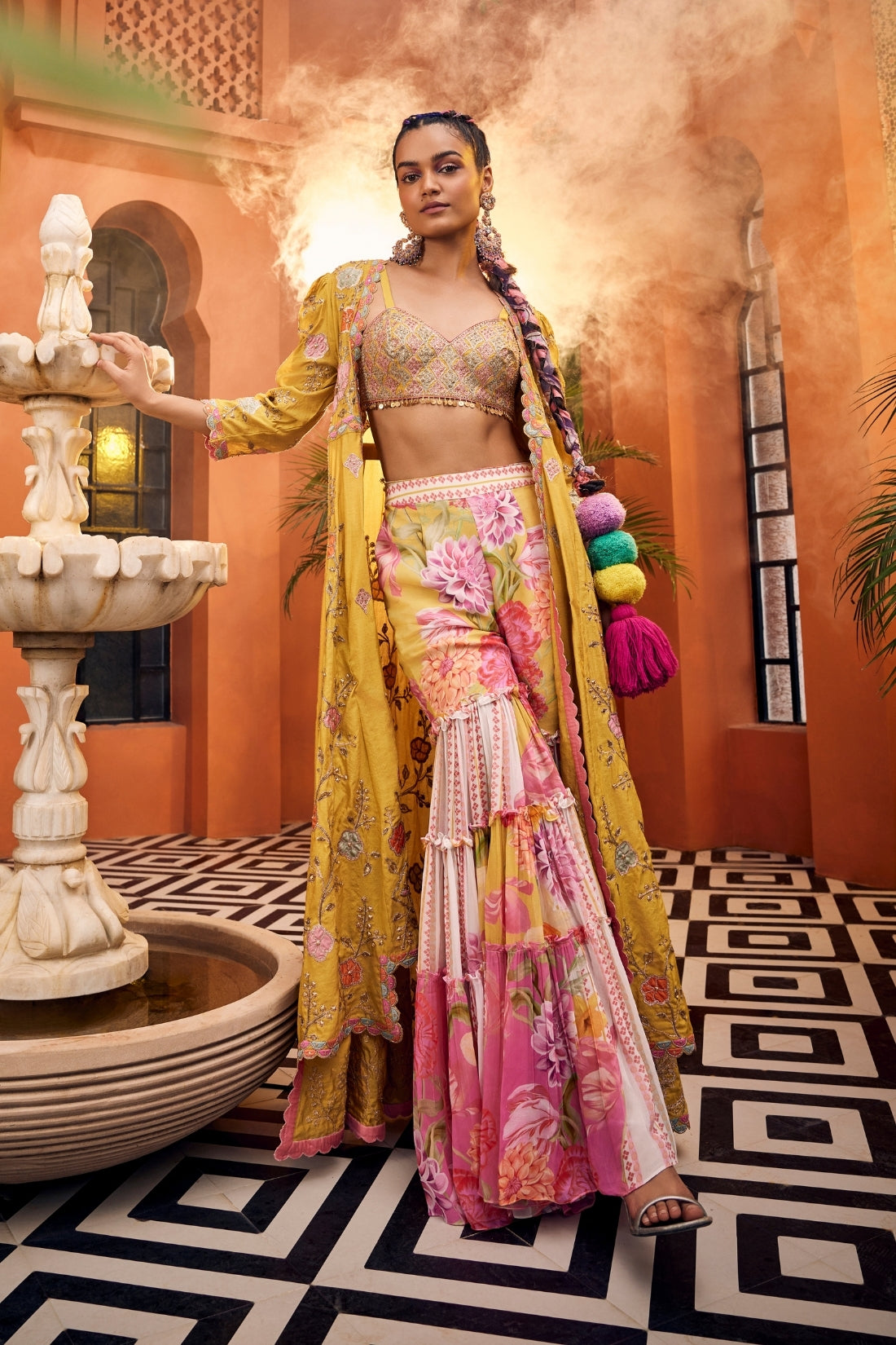 An Elegant Mustard-Colored Jacket Featuring Intricate Applique Embroidery