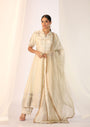 Embroidered Silk Pearl White Kurta Paired With Pants &  Delicate Organza Dupatta