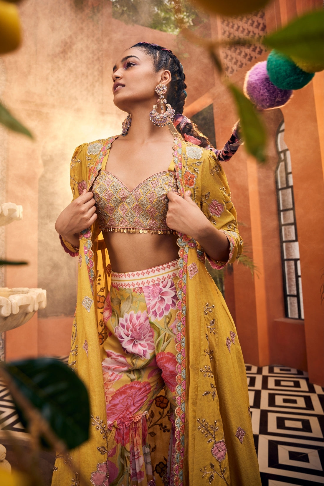 An Elegant Mustard-Colored Jacket Featuring Intricate Applique Embroidery