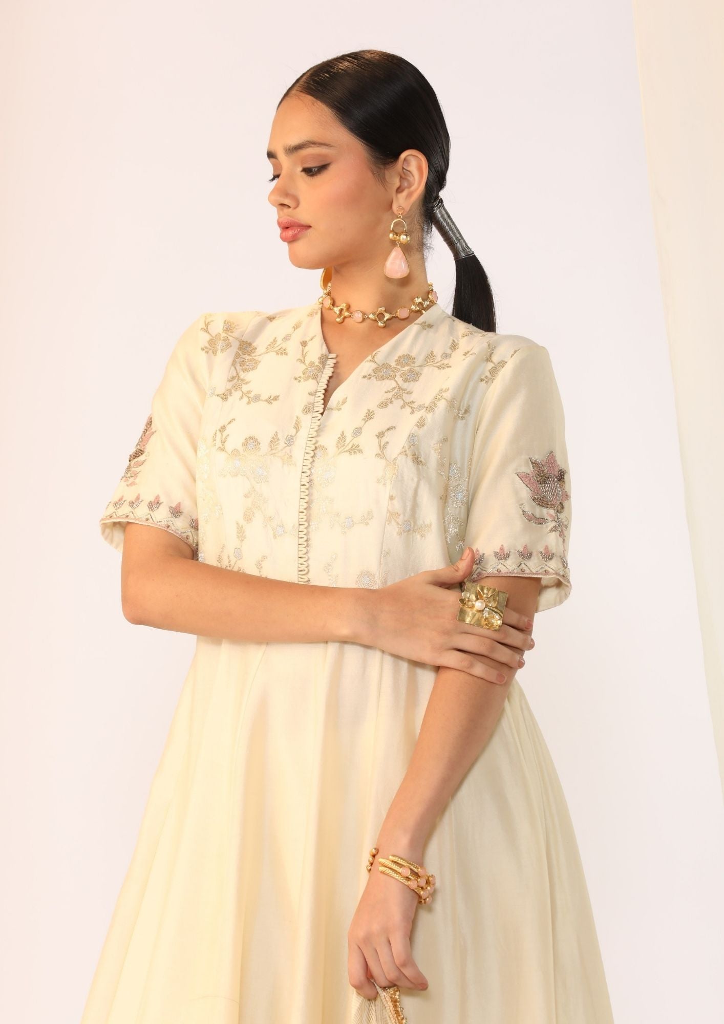 Embroidered Silk Pearl White Kurta Paired With Pants &  Delicate Organza Dupatta
