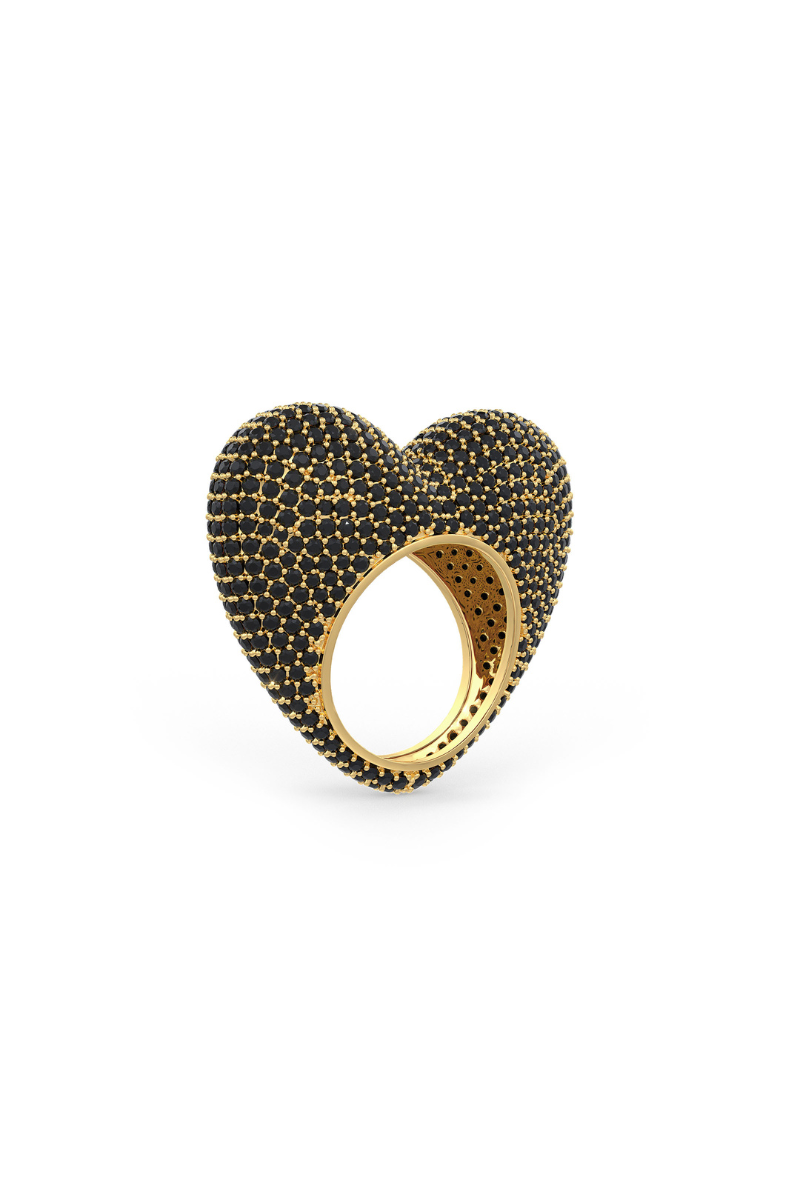 22kt gold plated love ring in black prong set crystals.