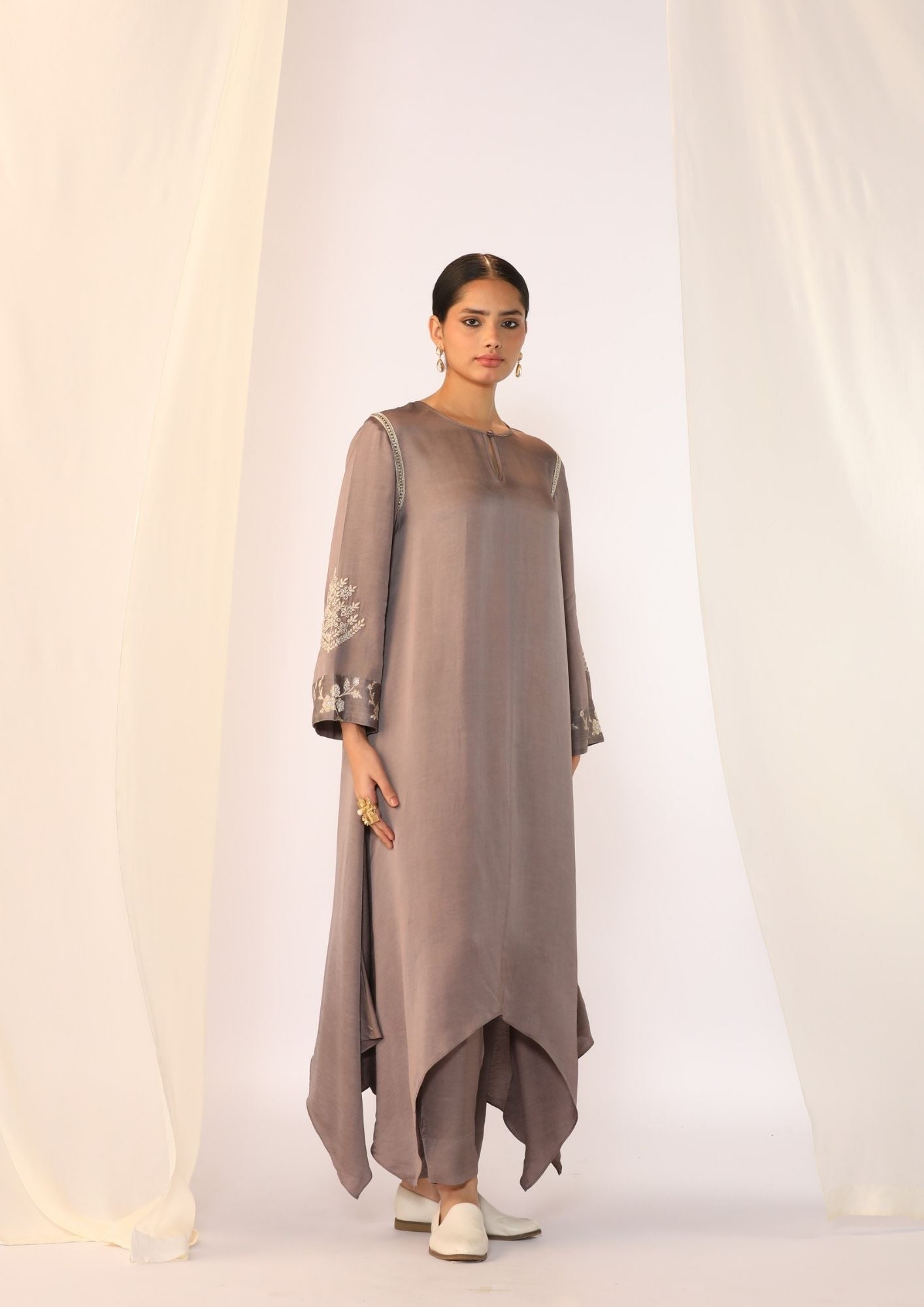 Linen Satin Keyhole Kurta With  Delicate Handwork   Paired With Slim Pants