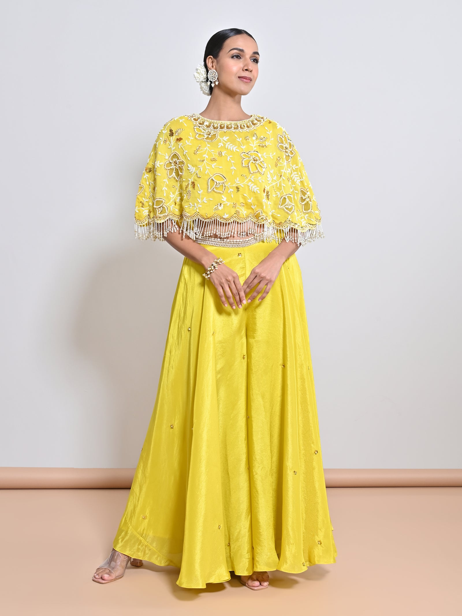 An Embroidered Motif Flare Silk Tissue Palazzo