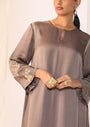 Linen Satin Keyhole Kurta With  Delicate Handwork   Paired With Slim Pants