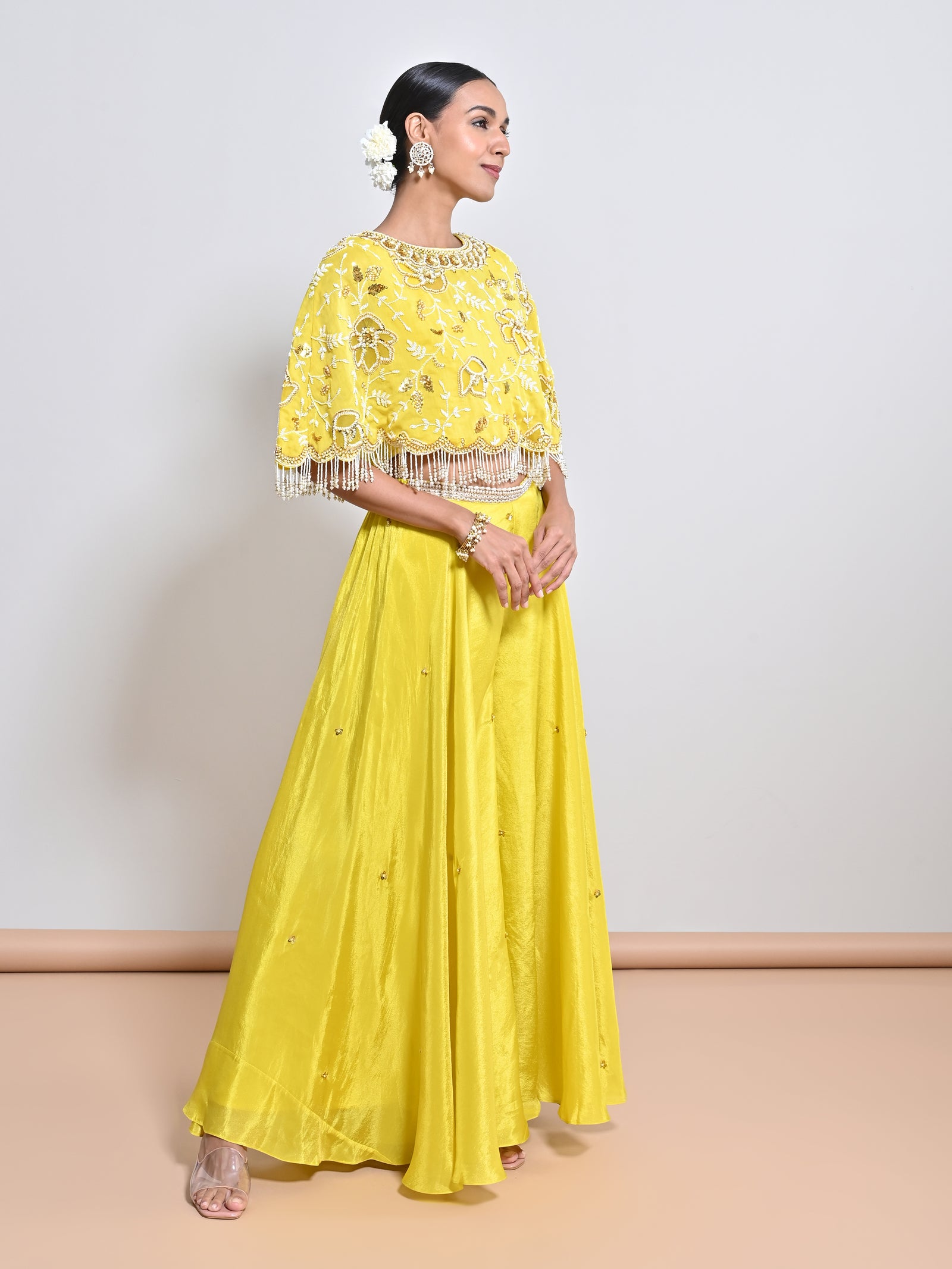 An Embroidered Motif Flare Silk Tissue Palazzo