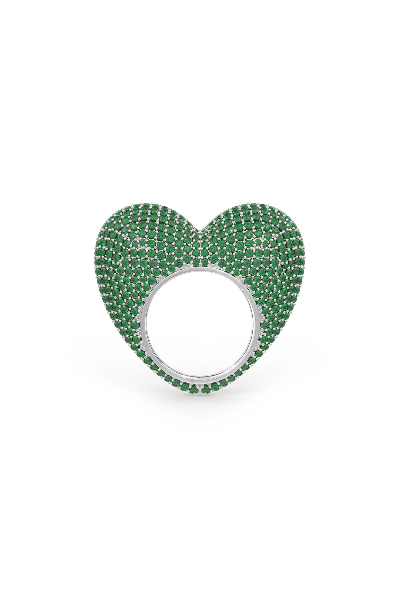 22kt chrome plated love ring in emerald prong set crystals.
