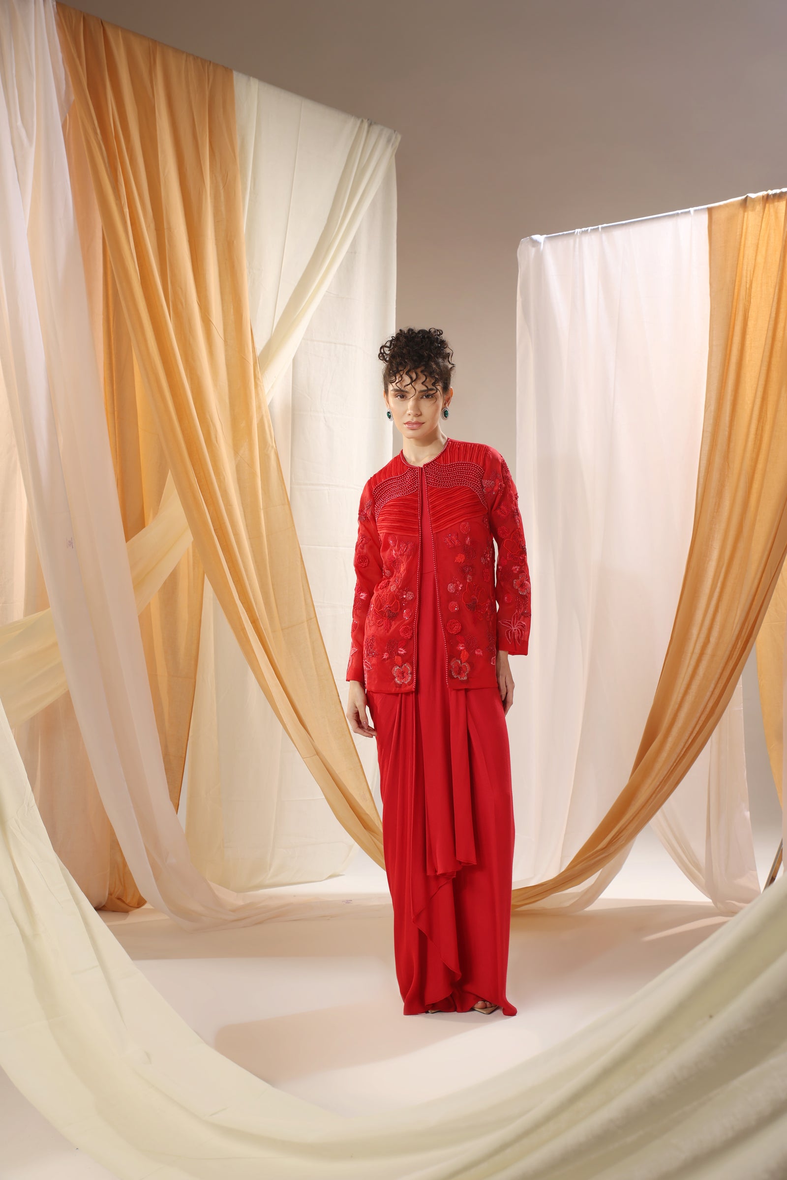 Scarlet Red Draped Dress With Embroidered Cape