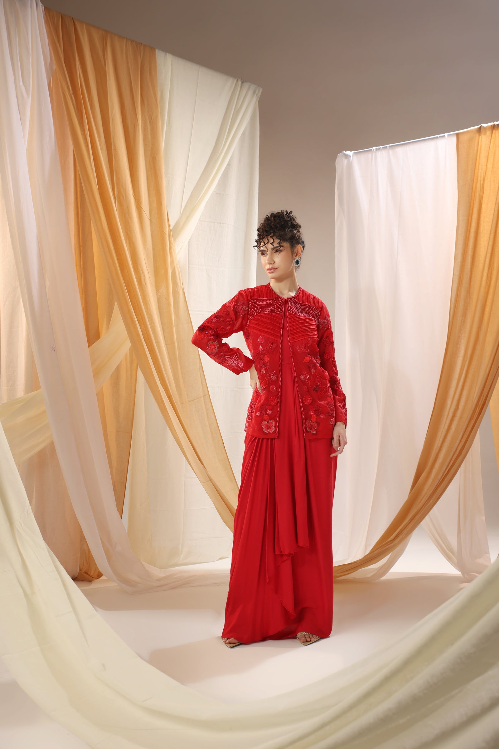 Scarlet Red Draped Dress With Embroidered Cape