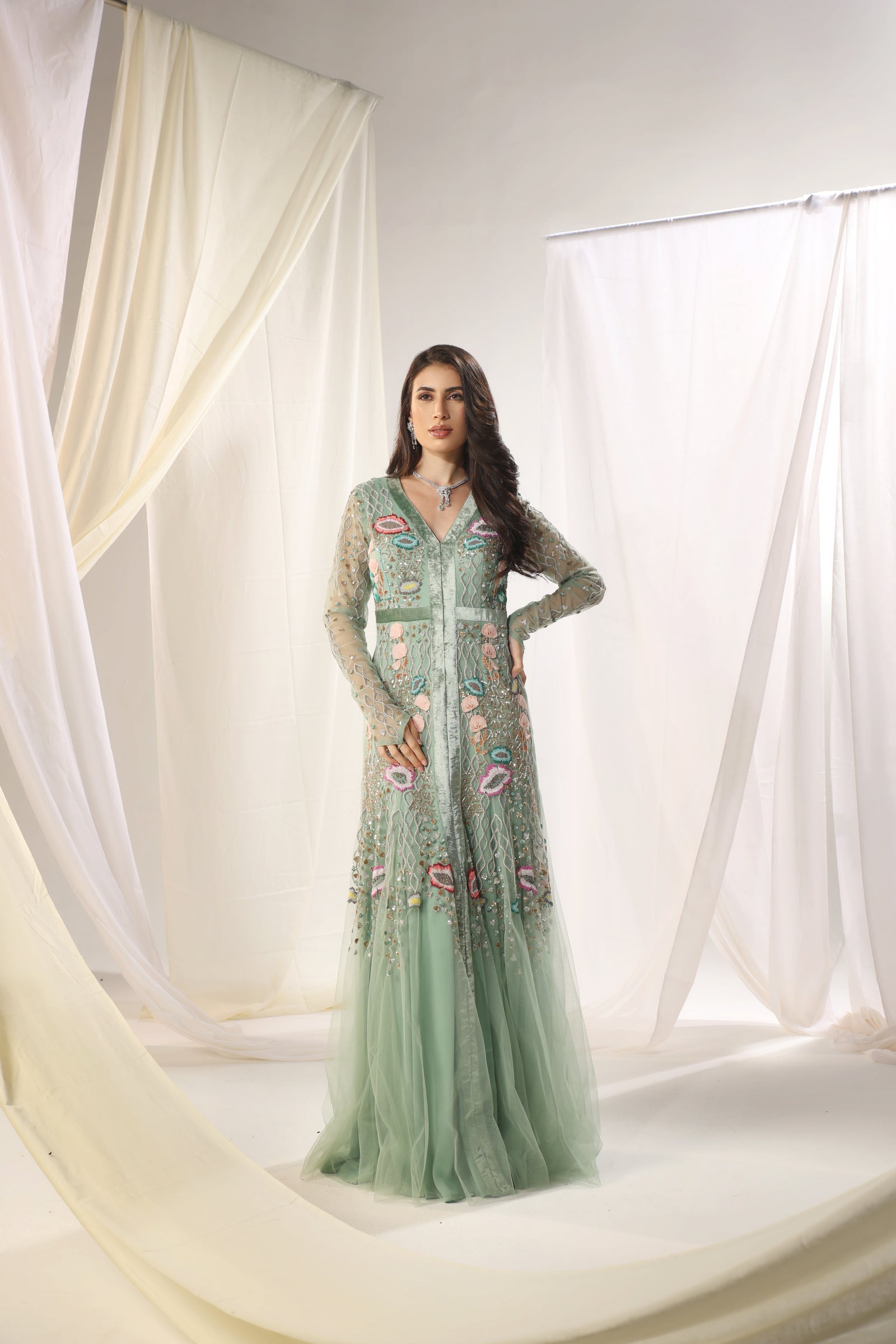 Beautiful Embellished Gown With Glove-Like Accentuated Sleeves