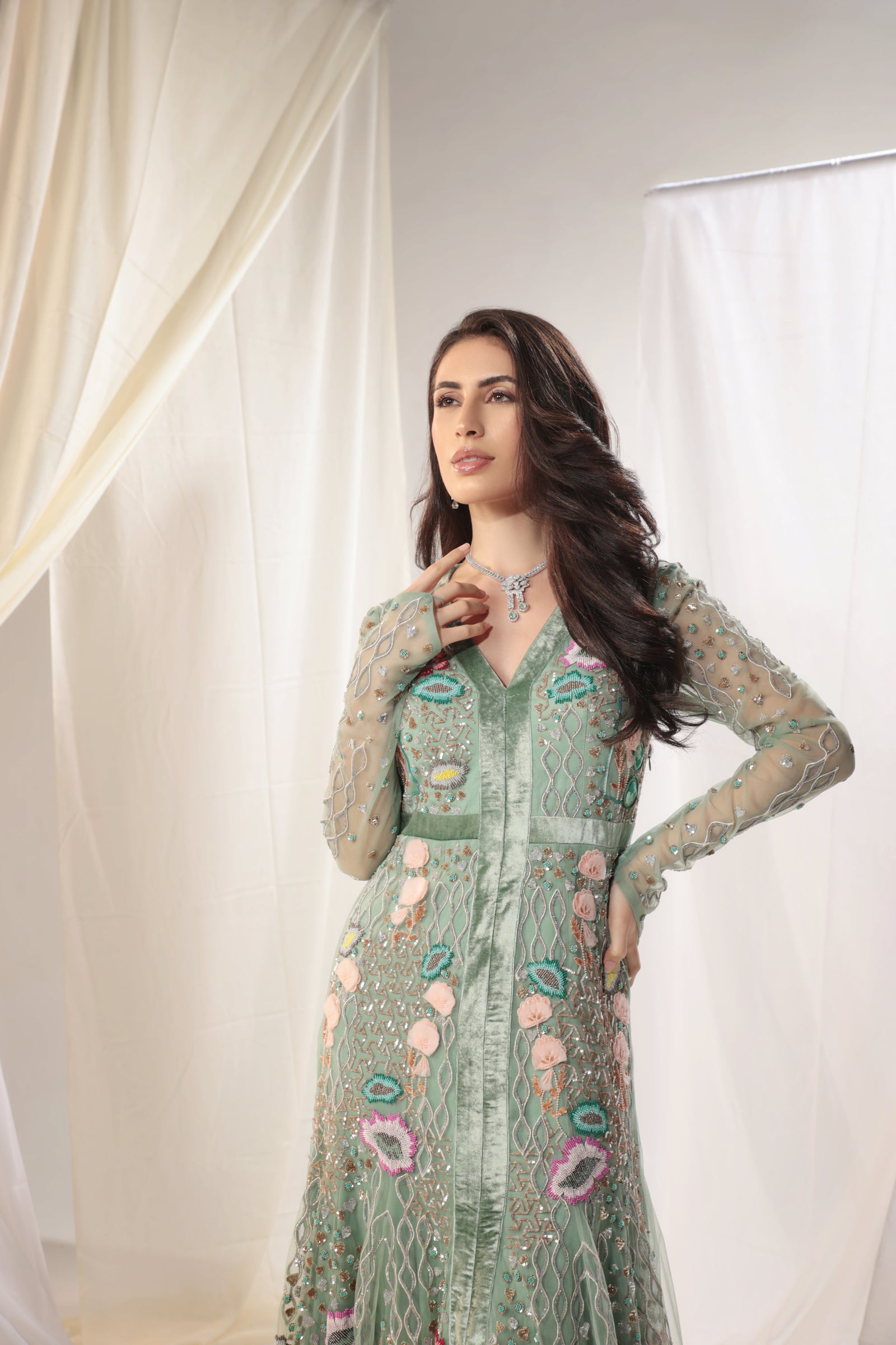 Beautiful Embellished Gown With Glove-Like Accentuated Sleeves