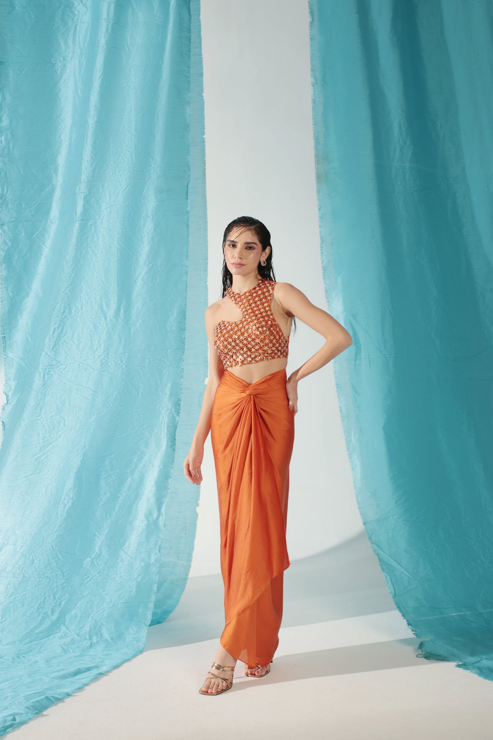 Apricot Crop Top and Draped Skirt