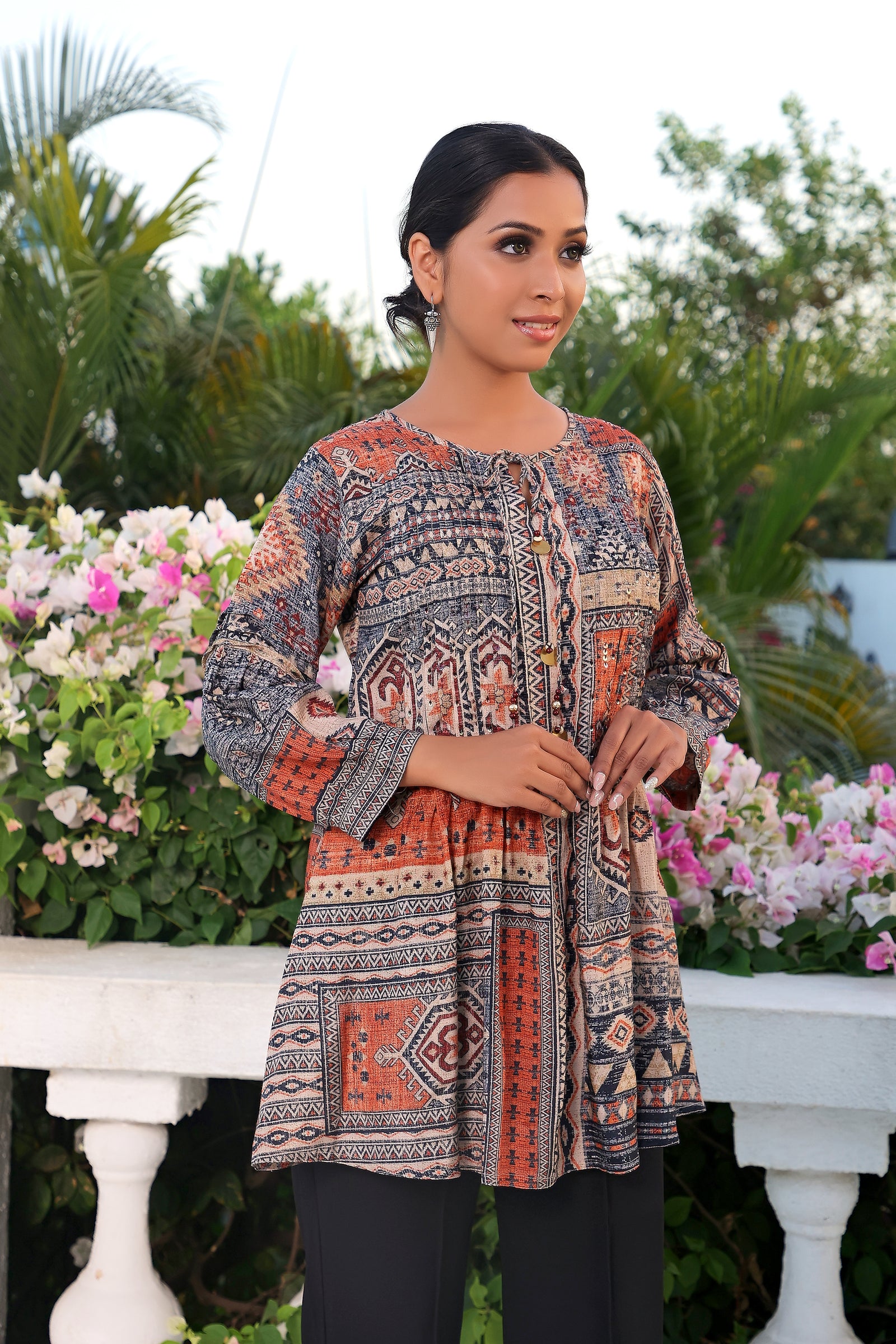 Grey Orange Printed Tunic With Tie Detail At Neck