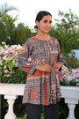 Grey Orange Printed Tunic With Tie Detail At Neck