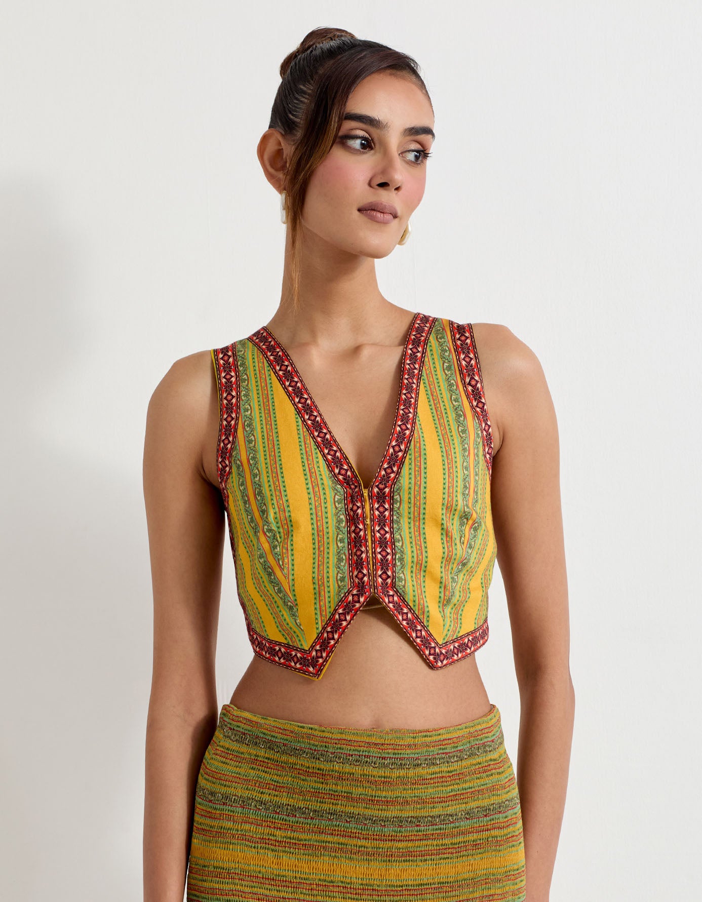 Daisy printed poplin lycra waist coat paired with georgette tiered skirt with stretch waist band