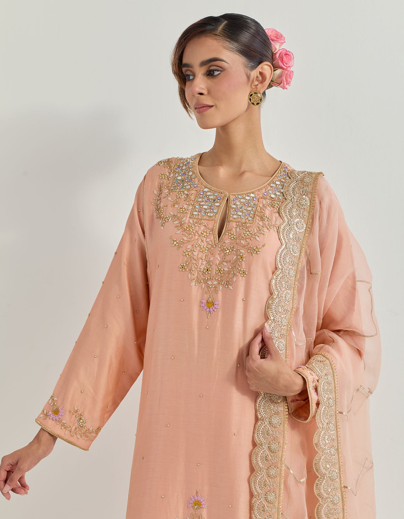 Chanderi silk hand embellished long kurta paired with organza dupatta with gota work