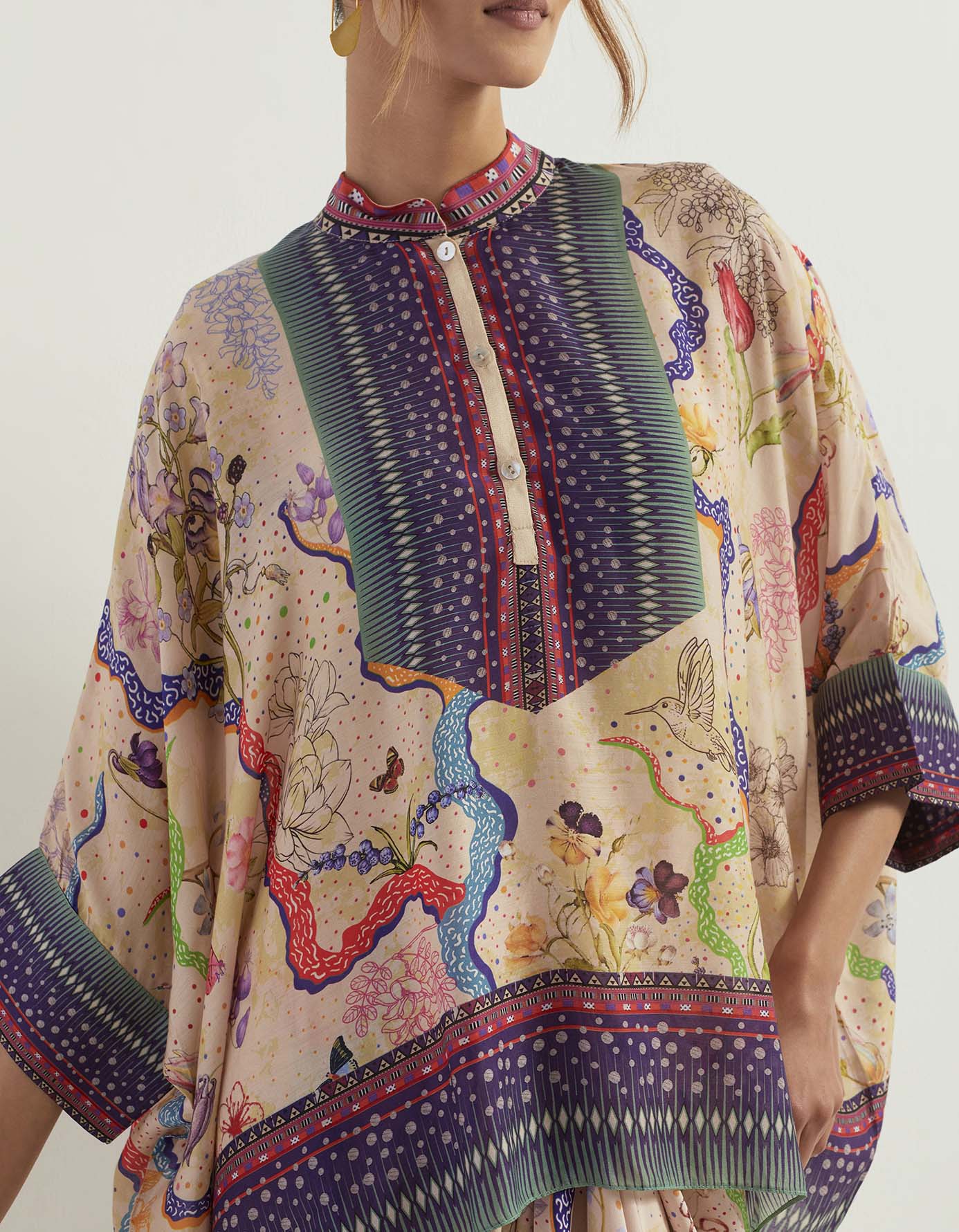 Eclectic printed loose top with drape skirt