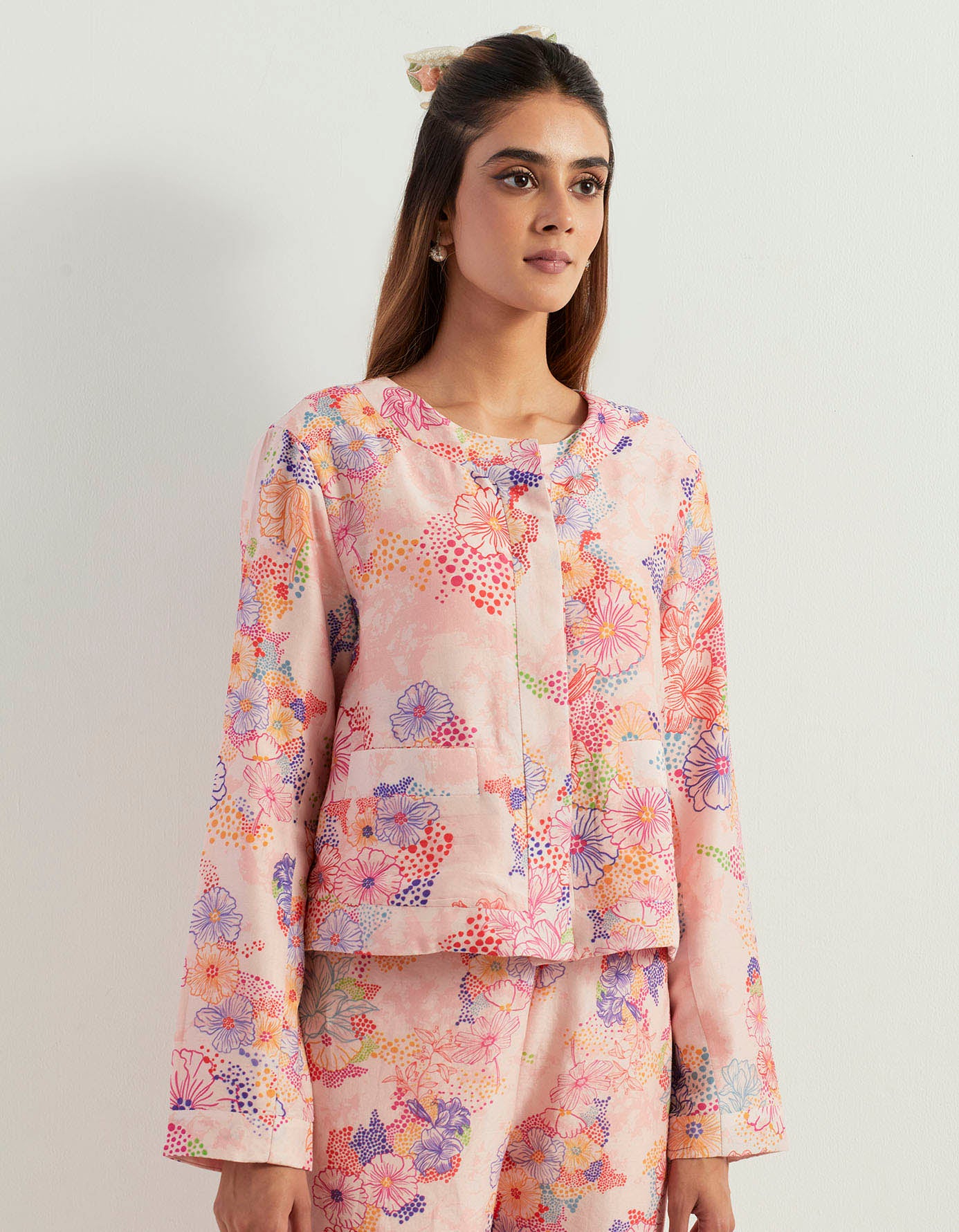 Printed top with chanderi silk pants