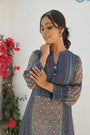 Kyna Blue And Beige Contempoarary Placement Print Tunic Set With Wooden Embellishment