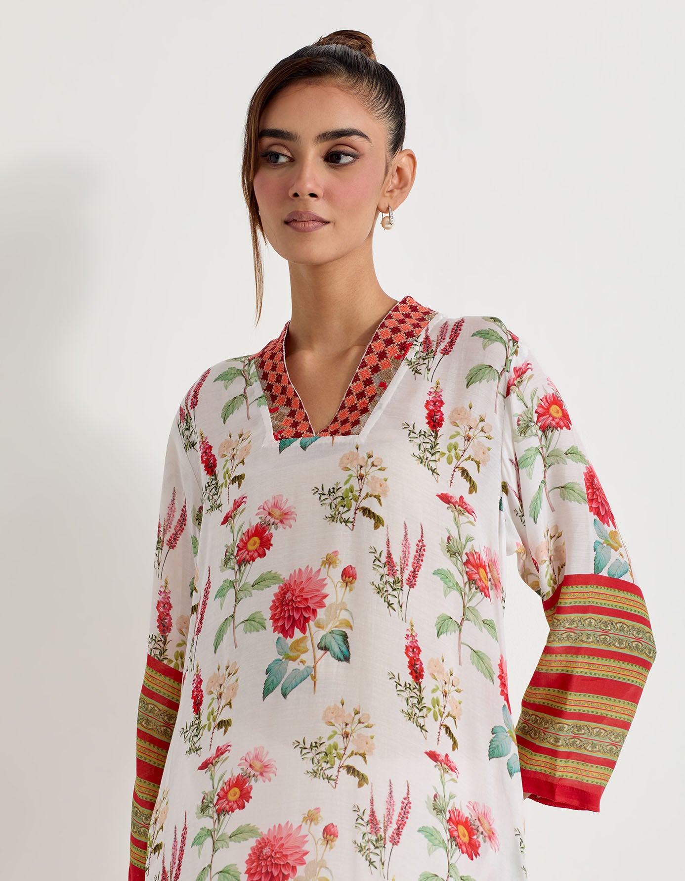 Daisy printed chanderi silk kurta with cross stitch embroidery borders and stretch lycra pants