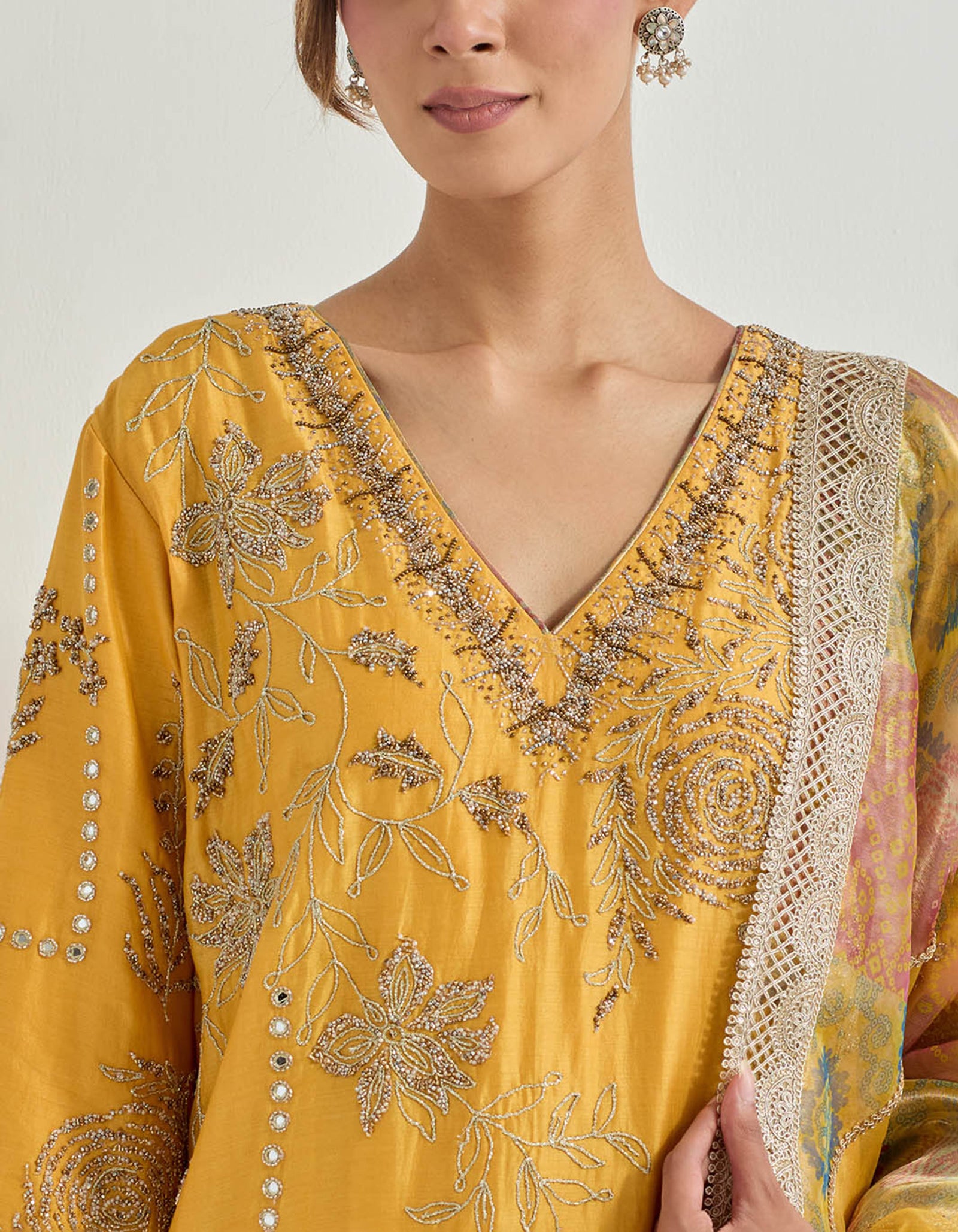 Chanderi silk hand embellished long kurta paired with patch work dupatta