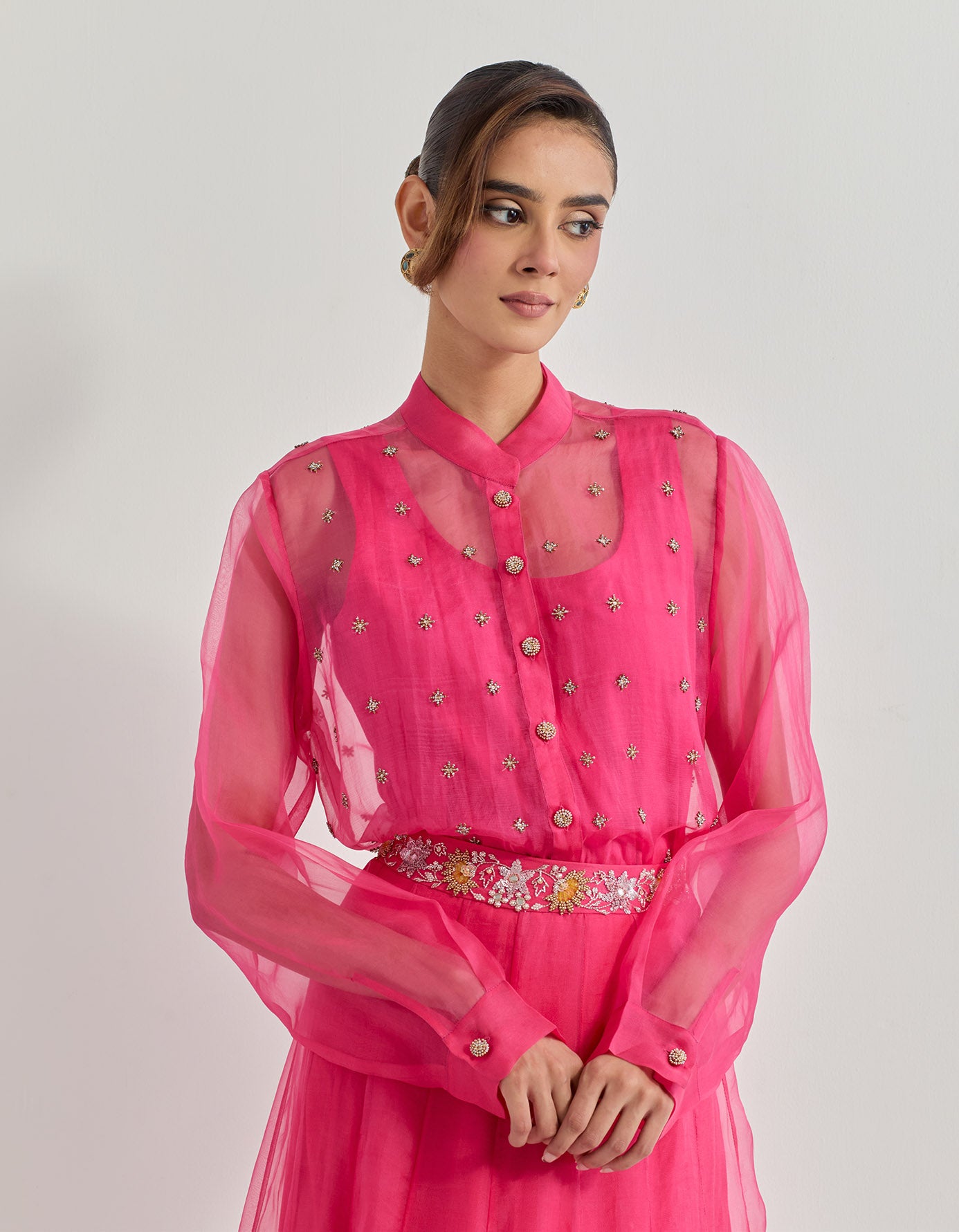 Organza hand embellished shirt with inner paired with organza peony motif cross stitch embroidered skirt