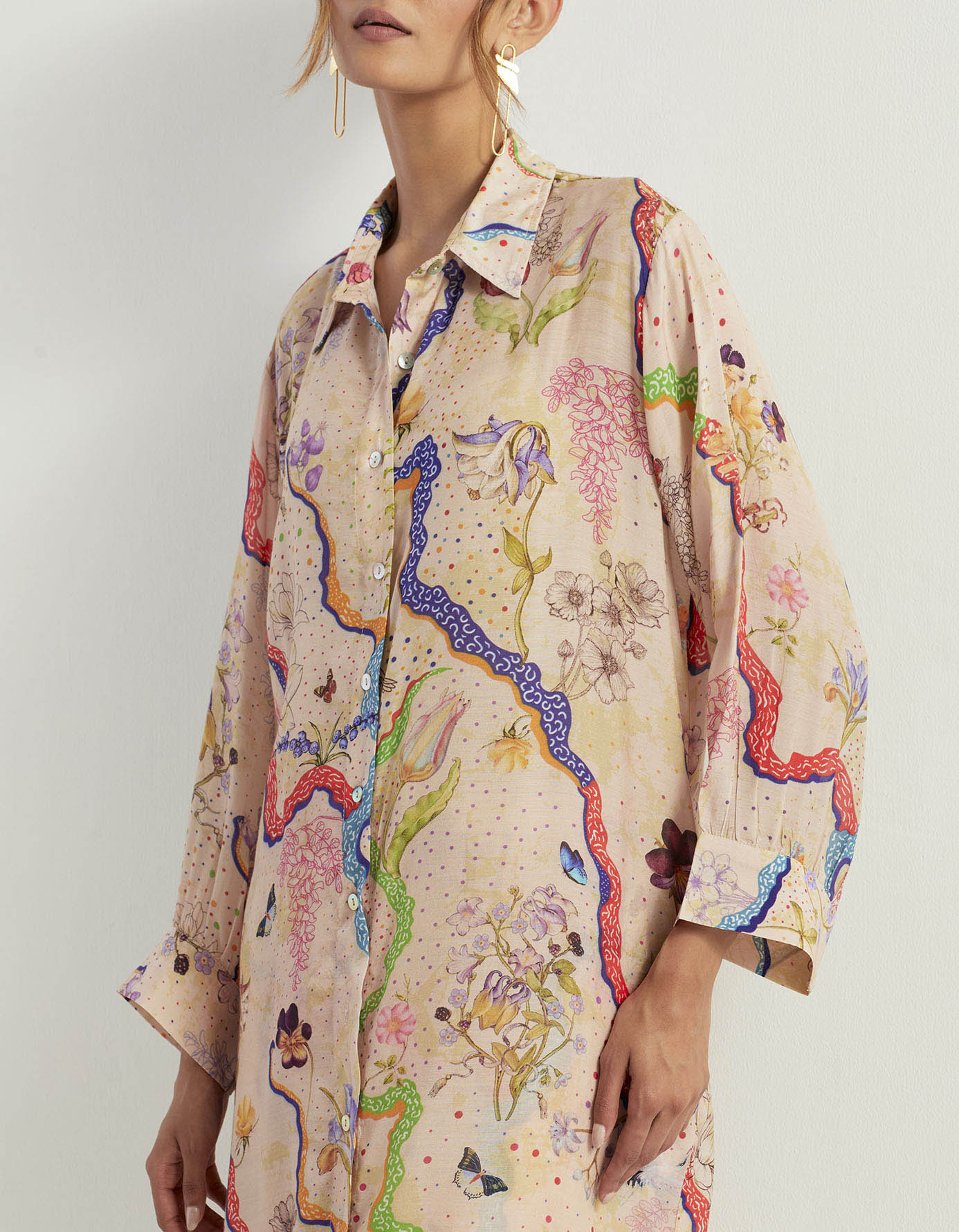 Eclectic printed long shirt tunic and stretch pants