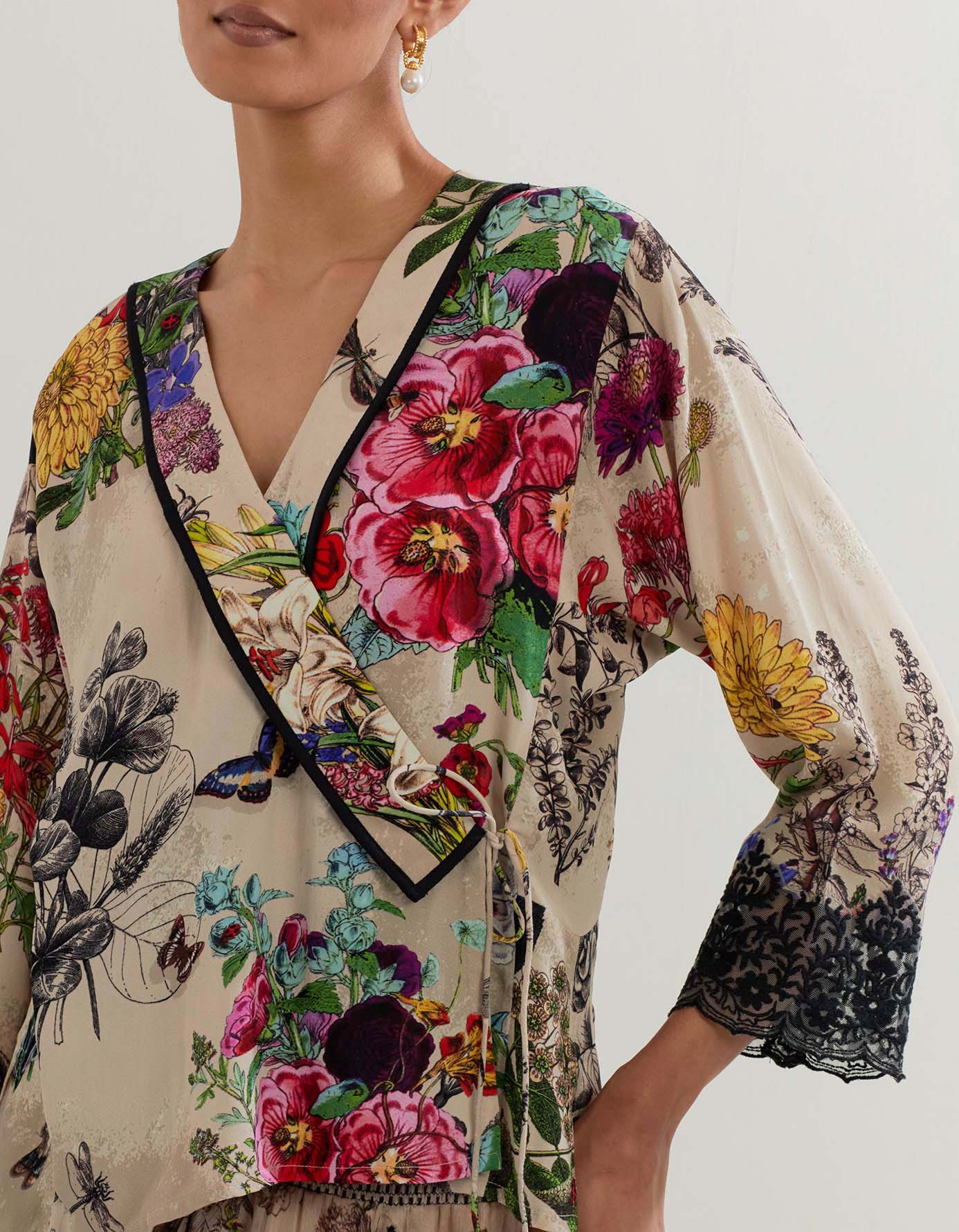 Botanical printed wrap top with printed chiffon skirt