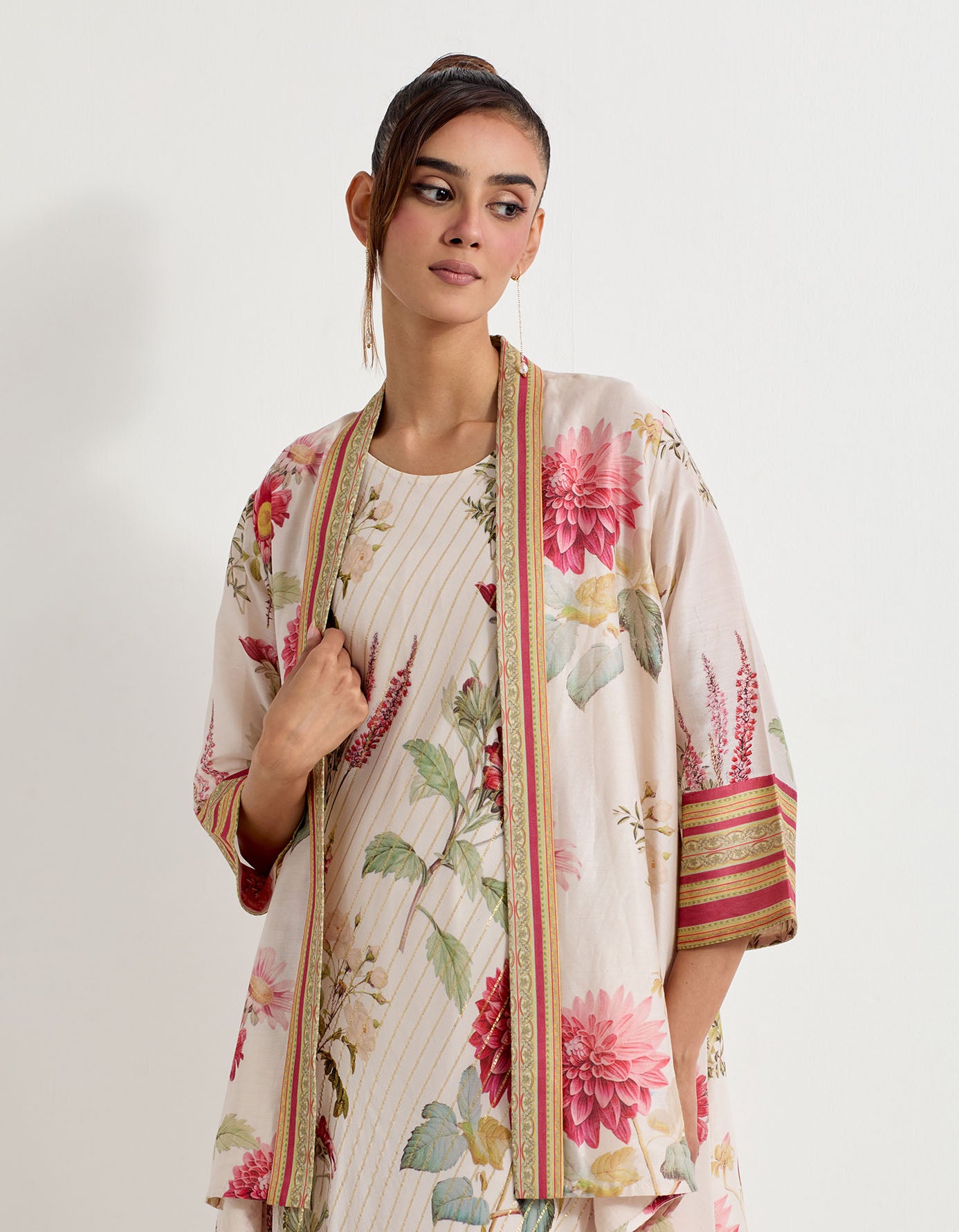 Daisy printed jacket with lurex georgette asymetric drape dress