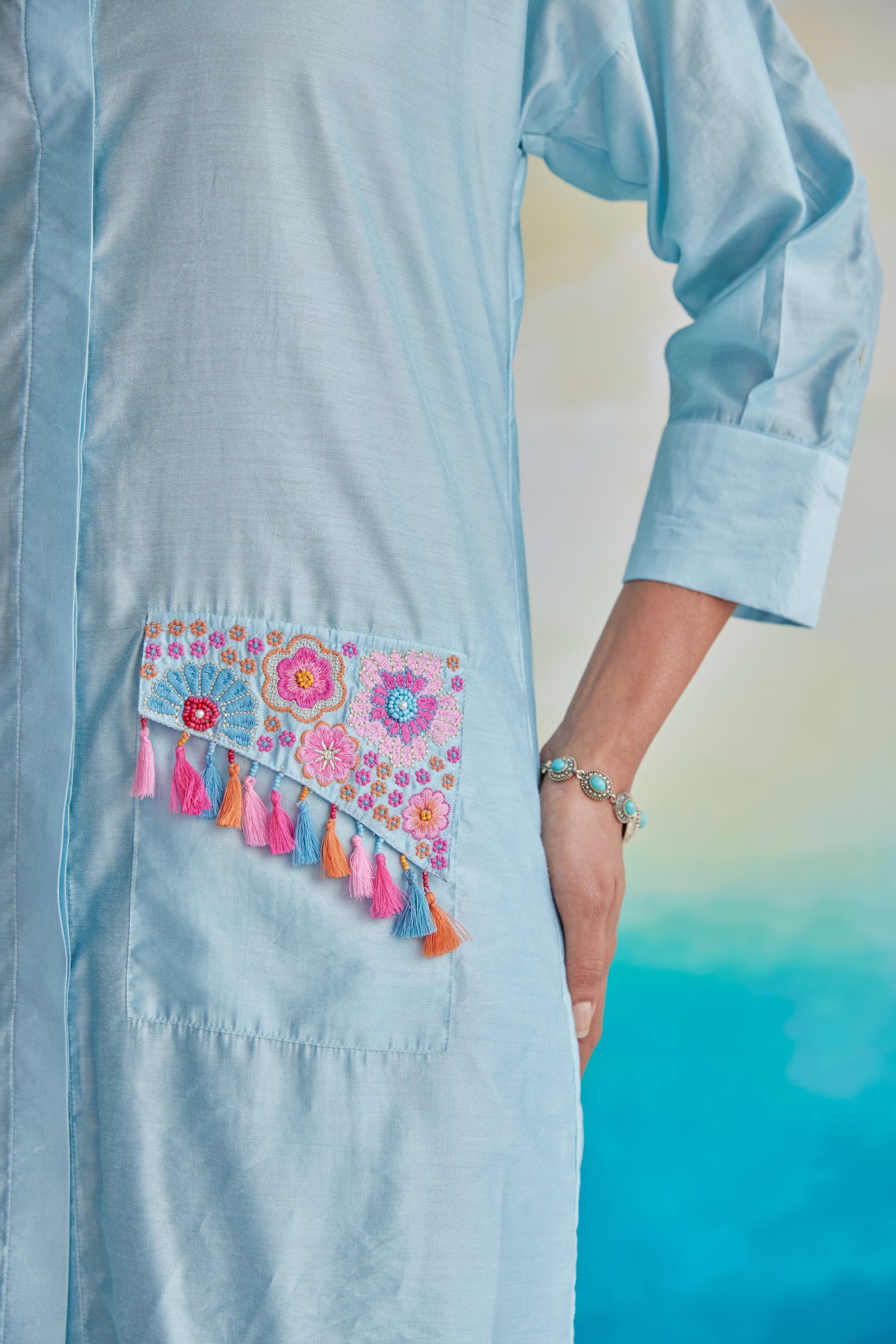 Marine Mirage Sky Blue Thread And Bead Embroidery Asymmetric Shirt Style Tassel Detail Tunic With Pants