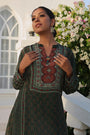 Kyna Deep Green Contemporary Traditional Placement Print Tunic Set With Embellishment Detail At Neck